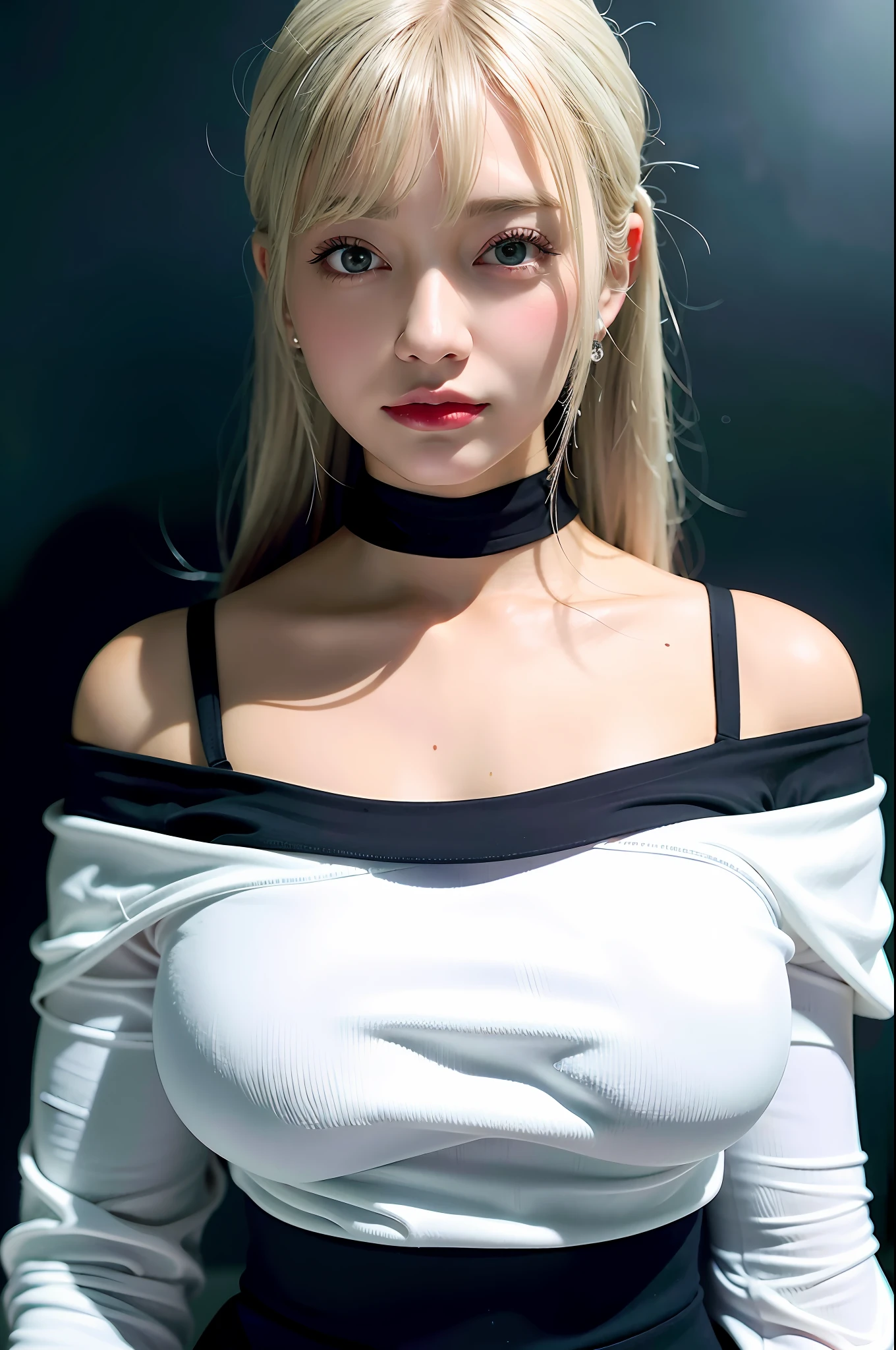 best quality, ultra high res, (photorealistic:1.4), 1girl, off-shoulder white shirt, black tight skirt, black choker, (faded ash gray hair:1), (huge breasts:1.2), looking at viewer, closeup ,
