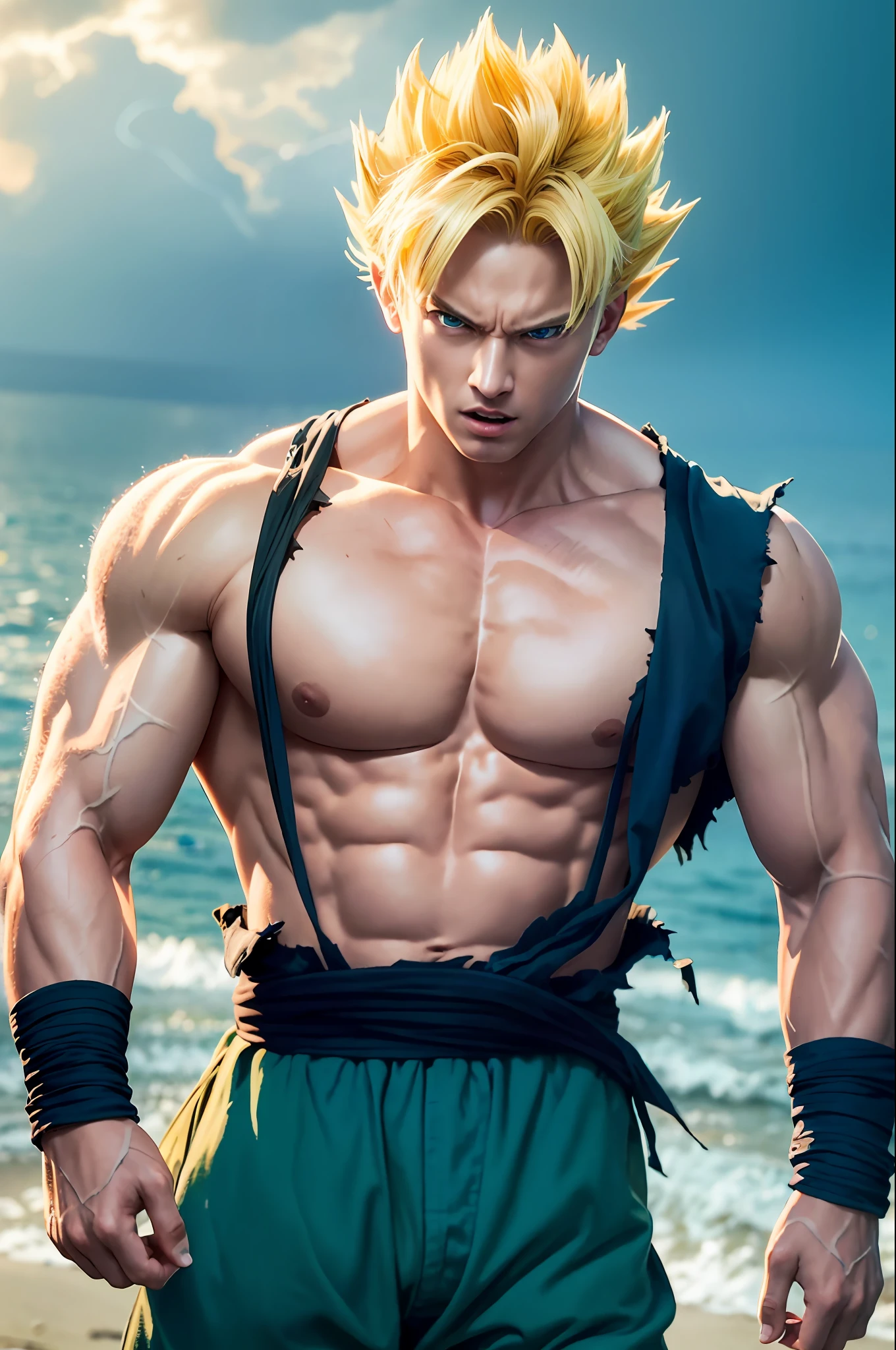 (realistic), (masterpiece, best quality), intricate details, 8k, artstation, wallpaper, official art, splash art, storm in background, sharp focus, 1boy, (photorealistic:1.2) (bokeh) (best quality) (detailed skin:1.3) (intricate details) (8k) (detailed eyes) (sharp focus) son goku, angry, battle damage, blonde hair, blue sash, clenched teeth, furious, green eyes, male focus, muscular, muscular male, pectorals, sash, solo, spiked hair, super saiyan, super saiyan 1, teeth, topless male, torn clothes, wristband,