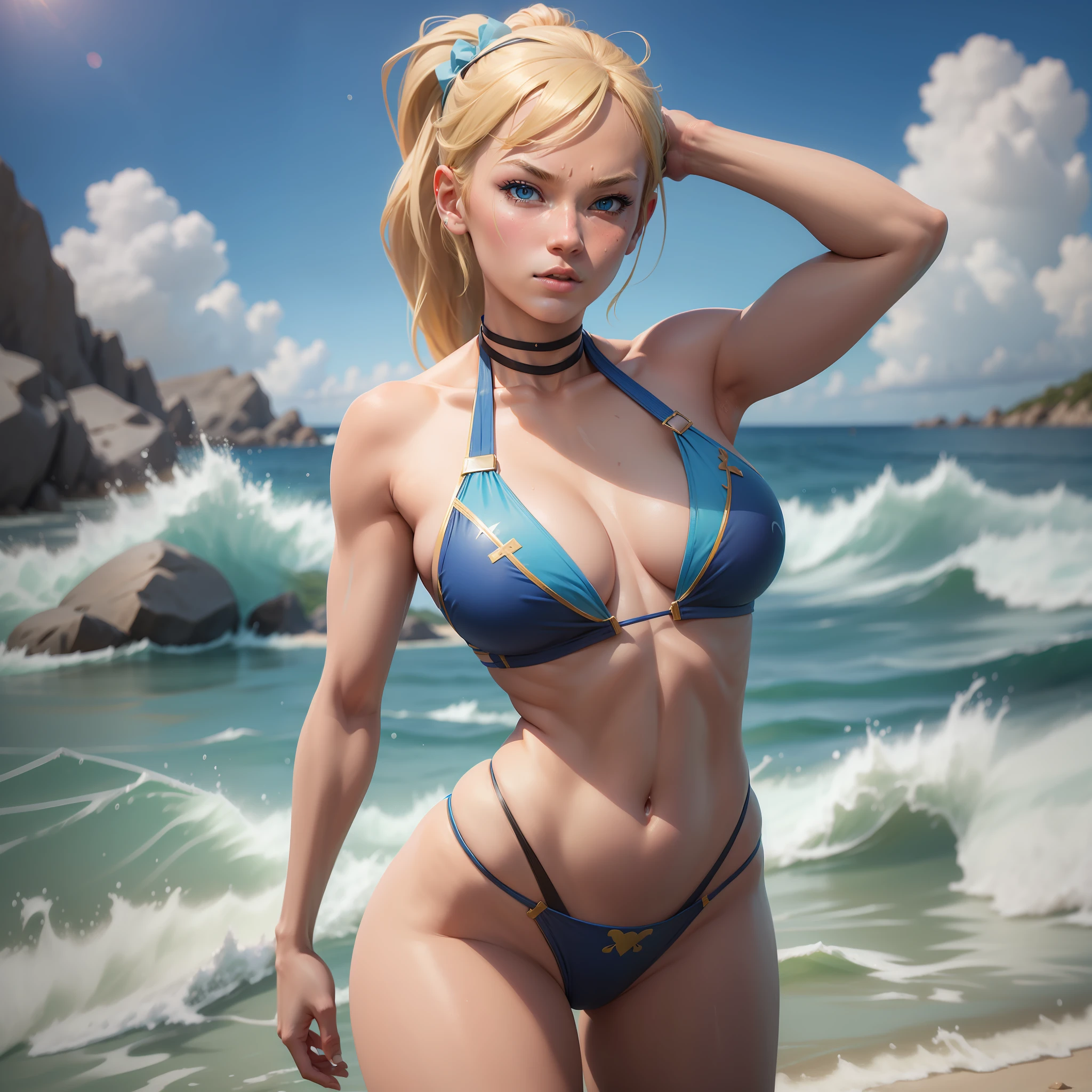 R. Mika from Street Fighter, 1 girl, blonde hair, wearing a skimpy blue bikini, cute face, serious face, coming out from the sea, sunny day, sunny background, UHD, side lighting, ultra realistic, ray tracing, full body must be show