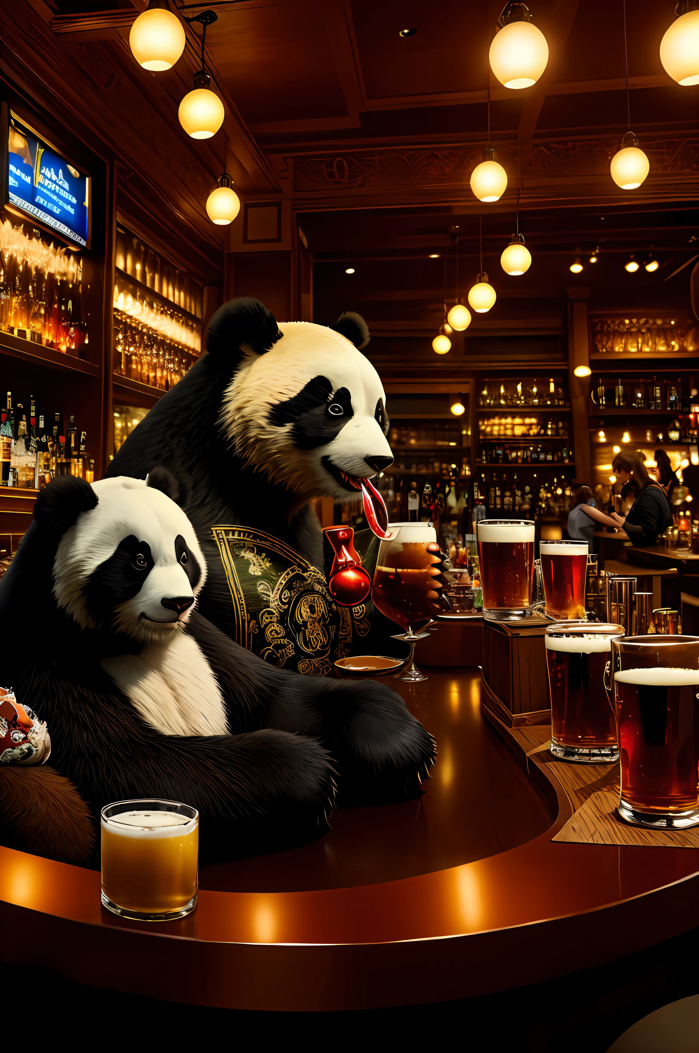 Extremely detailed 8k wallpaper), intricate, detailed, dramatic, bar, table full of beer (a group of beautiful women watching the panda bear gulp in the bar), bar, panorama, cinematic sense, cinematic shots, iron fist style, ready to fight, sinister face is painted with only a pair of red eyes peeking below, the graphics are crazy, the light is reflected on the ornaments, dark, showing that the whole person has a certain distance from the surroundings to get their own license.