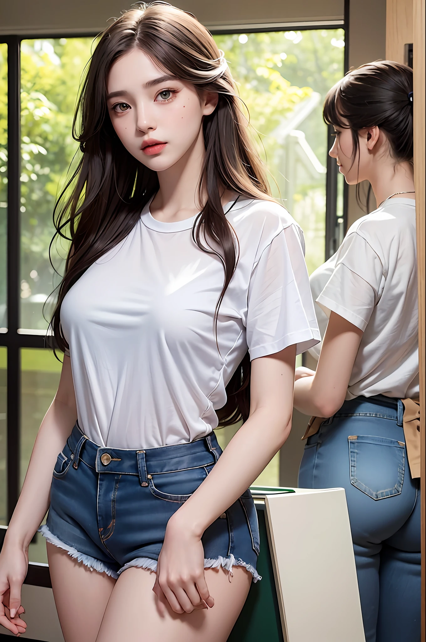 photorealistic, high resolution, 1 girl, white wavy hair, korean, heterochromia eyes, small mole below eye, loose navy green shirt, tight jean shorts, large breast, large thighs