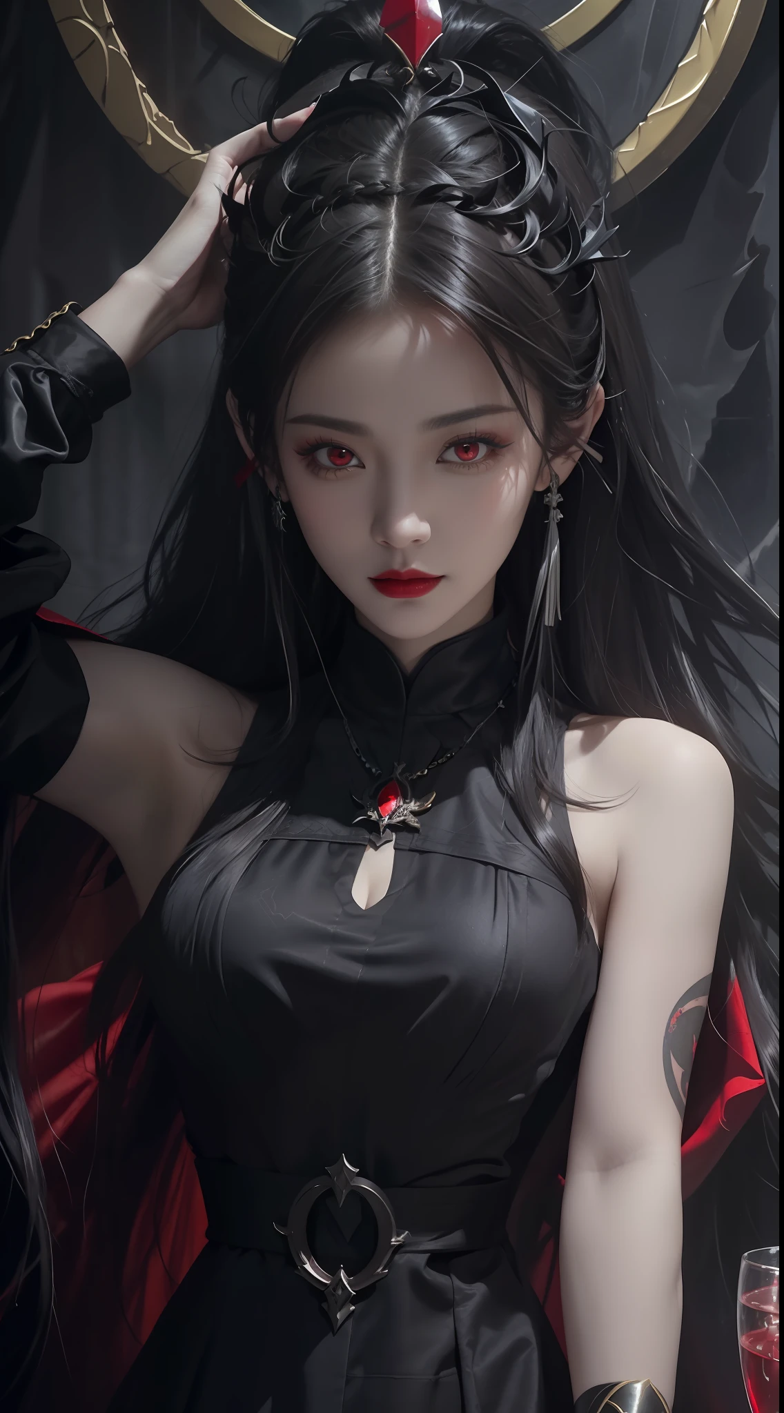 1 beautiful and seductive female devil, In the Dark: 1.6), surreal female portrait by David Hockney and Alphonse Mucha, fantasy art, korea doll, photorealism, dynamic lighting, artstation, poster, volumetric lighting, very detailed faces, 8k ultra, all body, Awarded, in the dark, deep shadow, low key, cowboy lens, (Red phoenix dress: 1.4), long hair, black hair, bust, luxurious palace, Royal style, devil  crown, red eyes make up very sharp and detailed, The most beautiful face, big and regular breasts, Super realistic, chinese women's clothing, polo neck sweater, Charming smile, The eyes are very well made up, guweiz, devil style, loong, forehead mark, upper body, 2 bangs braided hair, Red lips, Devil tattoo on shoulder, wearing a thin red and black robe, the landscape is overcast and thunderous, Cover your hands with thin black gloves,