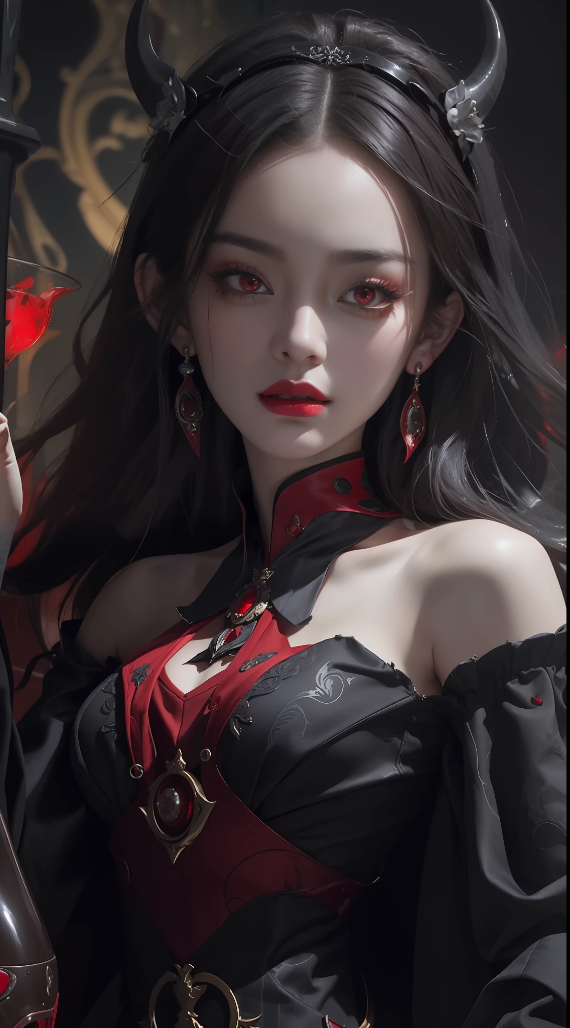 1 beautiful and seductive female devil, In the Dark: 1.6), surreal female portrait by David Hockney and Alphonse Mucha, fantasy art, korea doll, photorealism, dynamic lighting, artstation, poster, volumetric lighting, very detailed faces, 8k ultra, all body, Awarded, in the dark, deep shadow, low key, cowboy lens, (Red phoenix dress: 1.4), long hair, black hair, bust, luxurious palace, Royal style, devil crown, red eyes make up very sharp and detailed, The most beautiful face, big and regular breasts, Super realistic, chinese women's clothing, polo neck sweater, Charming smile, The eyes are very well made up, guweiz, devil style, loong, forehead mark, upper body, 2 bangs braided hair, Red lips, Devil tattoo on shoulder, wearing a thin red and black robe, the landscape is overcast and thunderous, Cover your hands with thin black gloves,