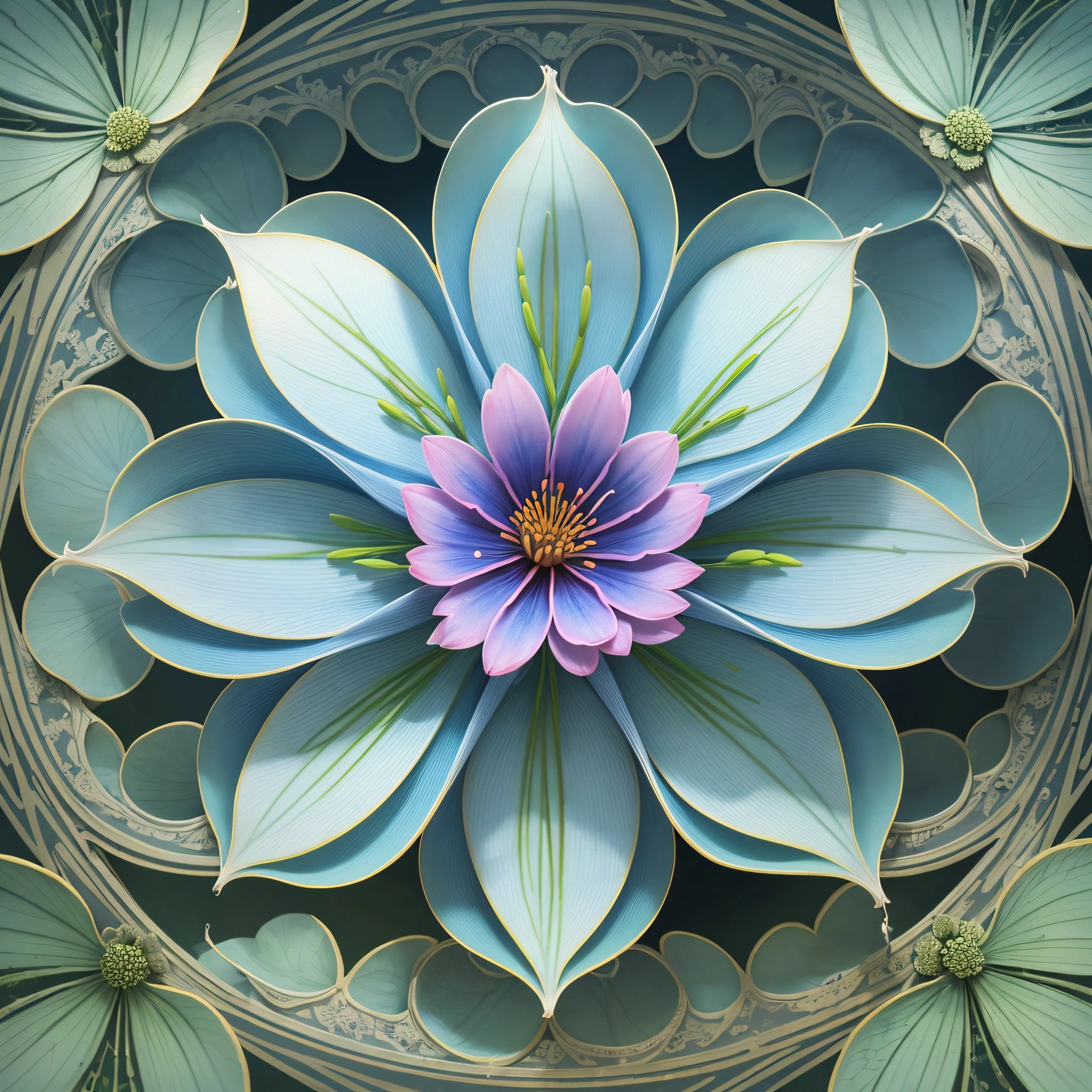 Large and complex solitary flower, without gyneceus and androceu, without stamens, stigma, stylus, that is, without its central part, on a blurred and slightly abstract background, in landscape format. Pastel colors that combine blue and green. --auto --s2