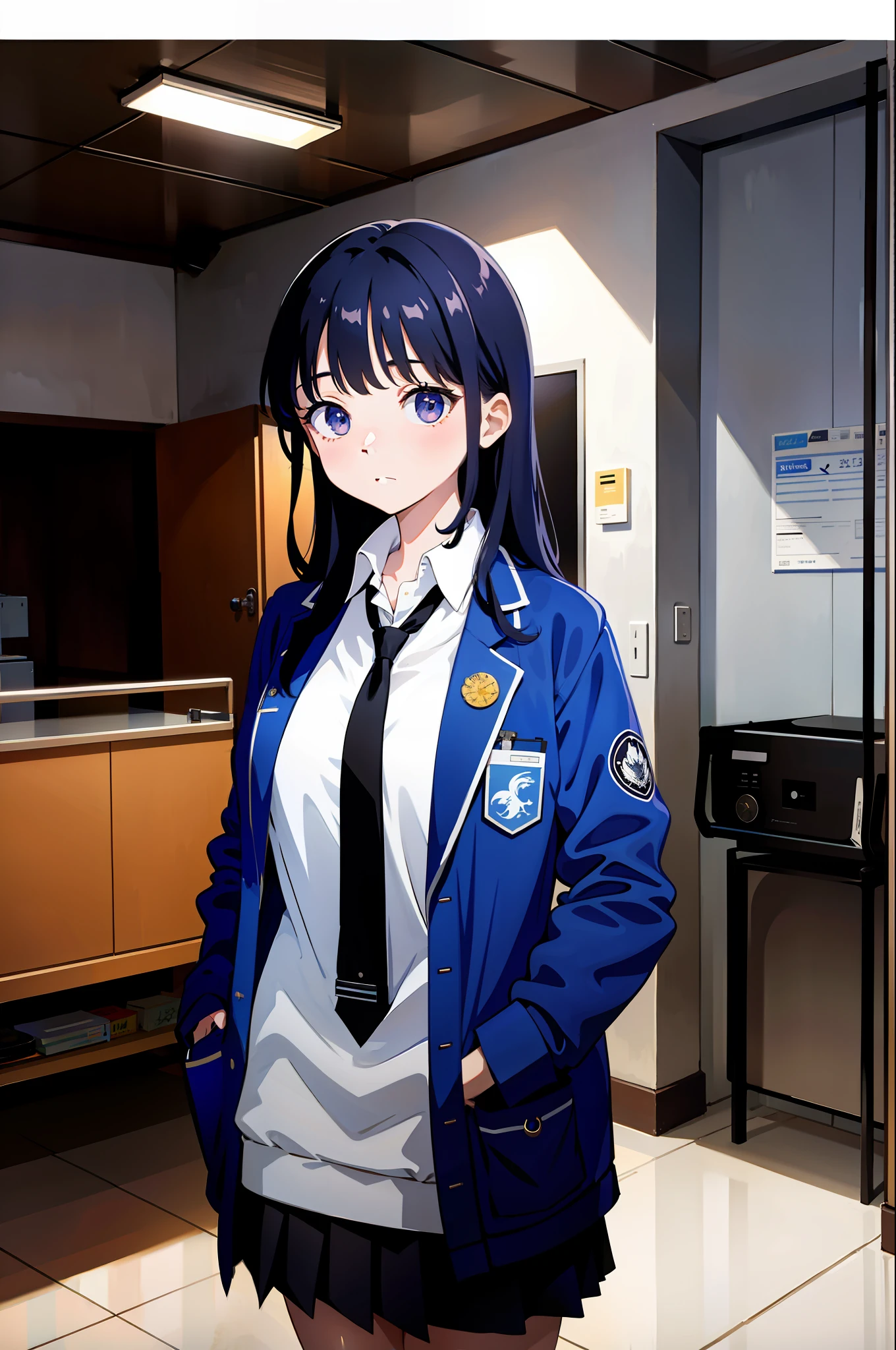 1girl, Yamada Anna, long hair, dark blue jacket, white collared shirt, partially unbuttoned, dark blue pleated skirt, school uniform, open clothes, long sleeves, medium breast, black lagwear, kneehighs, white footwear, uwabaki, (masterpiece), highres, best quality, 8k, very clear, 9:16,