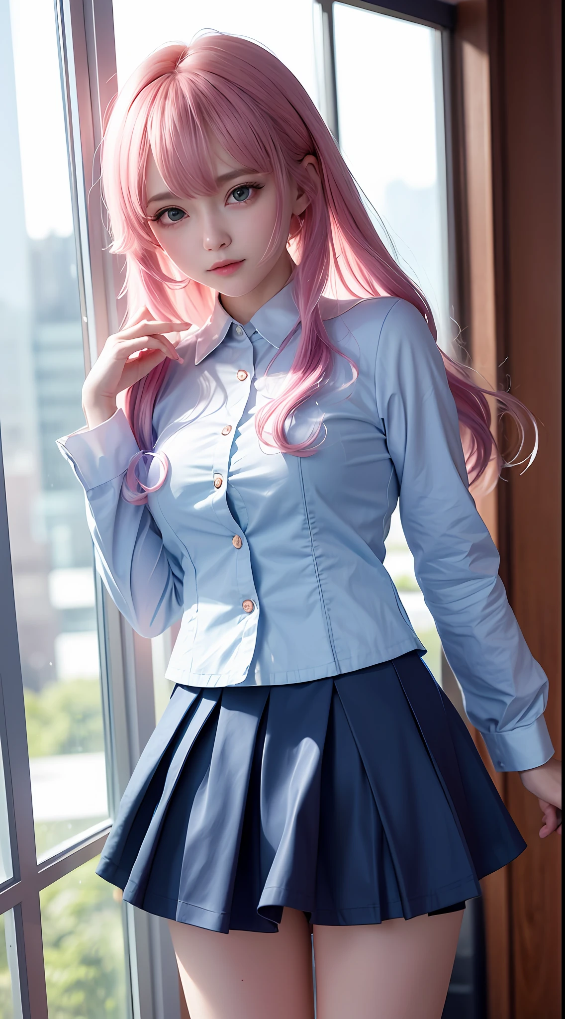 (extremely detailed CG unity 8k wallpaper,masterpiece, best quality, ultra-detailed),an extremely delicate and beautiful surrealistic scene,

[(1girl),(blue:1.2+pink) hair,pleated skirt,hand on face,white shirt,pink jacket,cute face:0.9,surrealism:1.3,nostalgic atmosphere:1.2,(raindrop:1.1)],

[view from the window:1.2,cityscape,depth of field,moody,Dutch Angle:1.1,(blurry reflection:1.1)]
