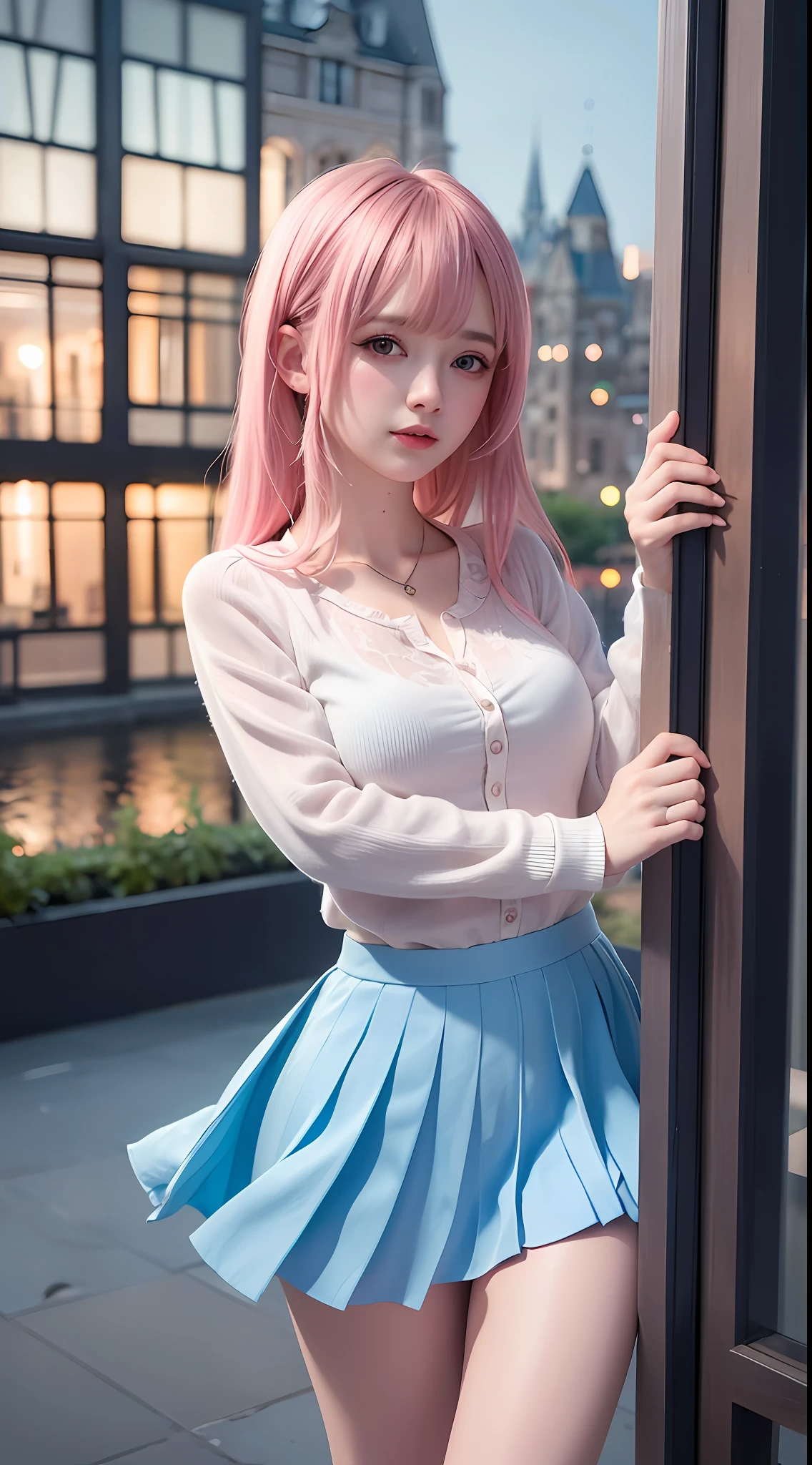 (extremely detailed CG unity 8k wallpaper,masterpiece, best quality, ultra-detailed),an extremely delicate and beautiful surrealistic scene,

[(1girl),(blue:1.2+pink) hair,pleated skirt,hand on face,white shirt,pink jacket,cute face:0.9,surrealism:1.3,nostalgic atmosphere:1.2,(raindrop:1.1)],

[view from the window:1.2,cityscape,depth of field,moody,Dutch Angle:1.1,(blurry reflection:1.1)]
