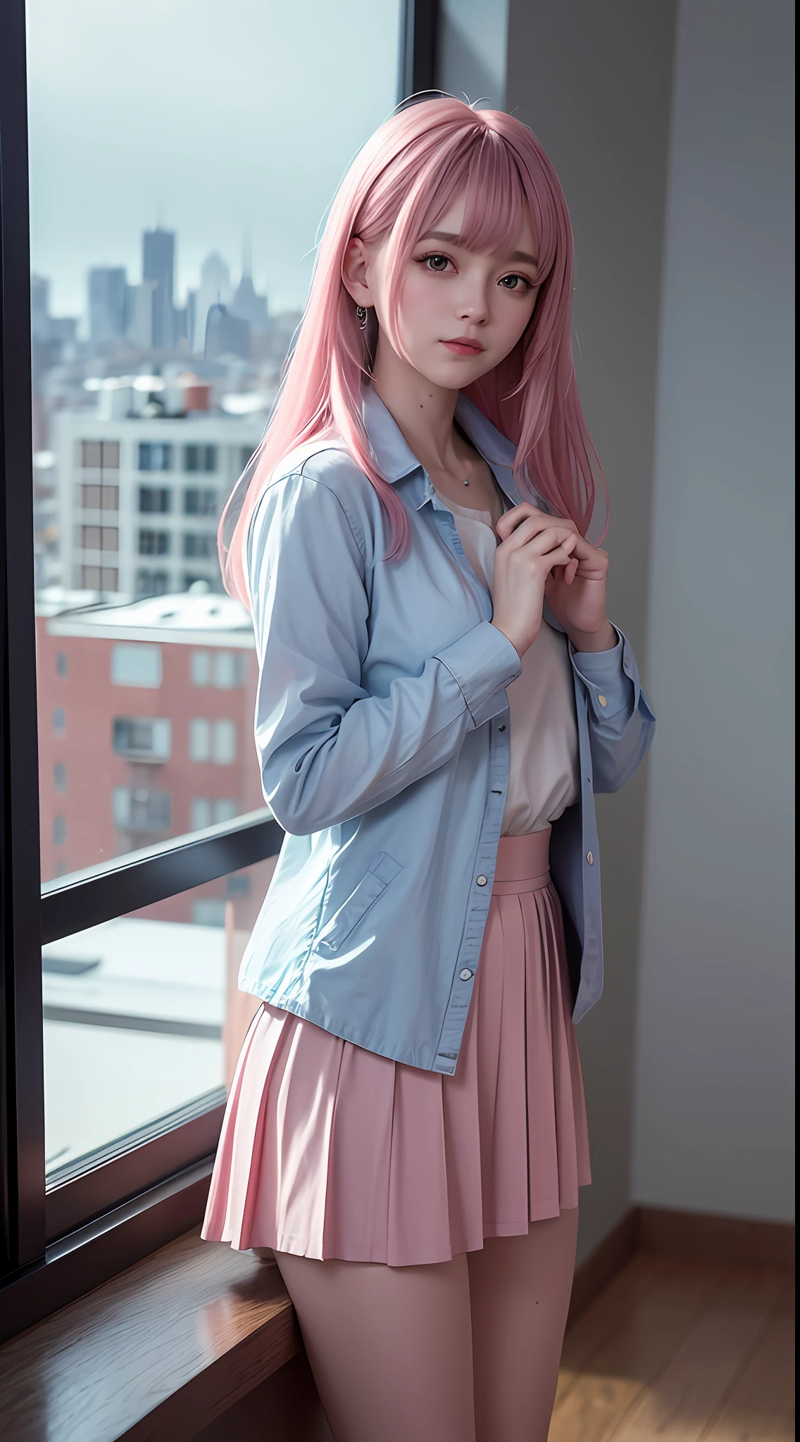 (extremely detailed CG unity 8k wallpaper,masterpiece, best quality, ultra-detailed),an extremely delicate and beautiful surrealistic scene,

[(1girl),(blue:1.2+pink) hair,pleated skirt,hand on face,white shirt,pink jacket,cute face:0.9,surrealism:1.3,nostalgic atmosphere:1.2,(raindrop:1.1)],

[view from the window:1.2,cityscape,depth of field,moody,Dutch Angle:1.1,(blurry reflection:1.1)]