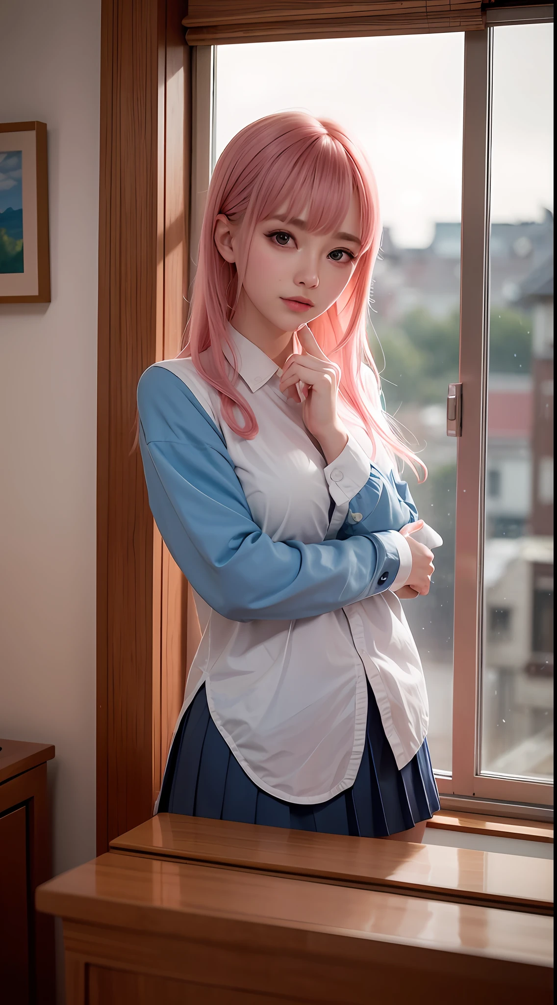 (extremely detailed CG unity 8k wallpaper,masterpiece, best quality, ultra-detailed),an extremely delicate and beautiful surrealistic scene,

[(1girl),(blue:1.2+pink) hair,pleated skirt,hand on face,white shirt,pink jacket,cute face:0.9,surrealism:1.3,nostalgic atmosphere:1.2,(raindrop:1.1)],

[view from the window:1.2,cityscape,depth of field,moody,Dutch Angle:1.1,(blurry reflection:1.1)]