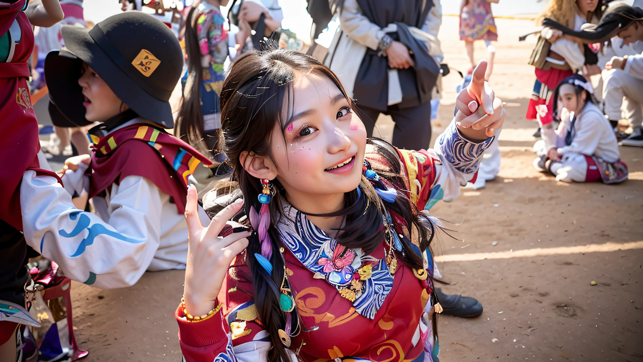 There is a young girl in colorful dress standing in field, Tibetan costume, portrait shoot, a young female shaman, young asian girl, beautiful image, Tibetan, happy look, exciting expression, cute, a young woman as Genghis Khan, , happy girl, close up photo, high resolution photo, slideshow, beautiful girl, Tibet, cheerful expression --auto --s2