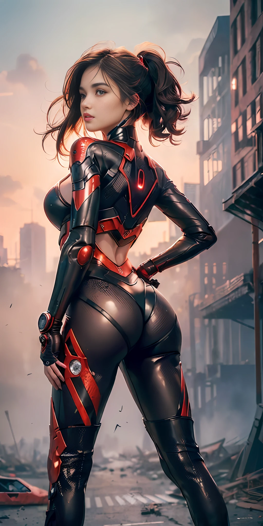 (1girlsexy:1.3) back view, solo, (((extremely detailed face))),(((extremely detailed eyes and face))),beautiful detailed eyes,body-parts__, official art, unified 8k wallpaper, super detailed, beautiful and aesthetic, beautiful, masterpiece, best quality, raw, masterpiece, super fine photo, best quality, super high resolution, photorealistic realism, sunlight, full body portrait, amazing beauty,, dynamic pose, delicate face, vibrant eyes, (from the front), she is wearing a Ironman suit, red and black color scheme, spider, very detailed abandoned warehouse background, Detailed face, detailed complex busy background, messy, gorgeous, milky white, highly detailed skin, realistic skin details, visible pores, sharp focus, volumetric fog, 8k uhd, DSLR, high quality, film grain, fair skin, photo realism, lomography, huge metropolis in future dystopia, seen from below, translucent