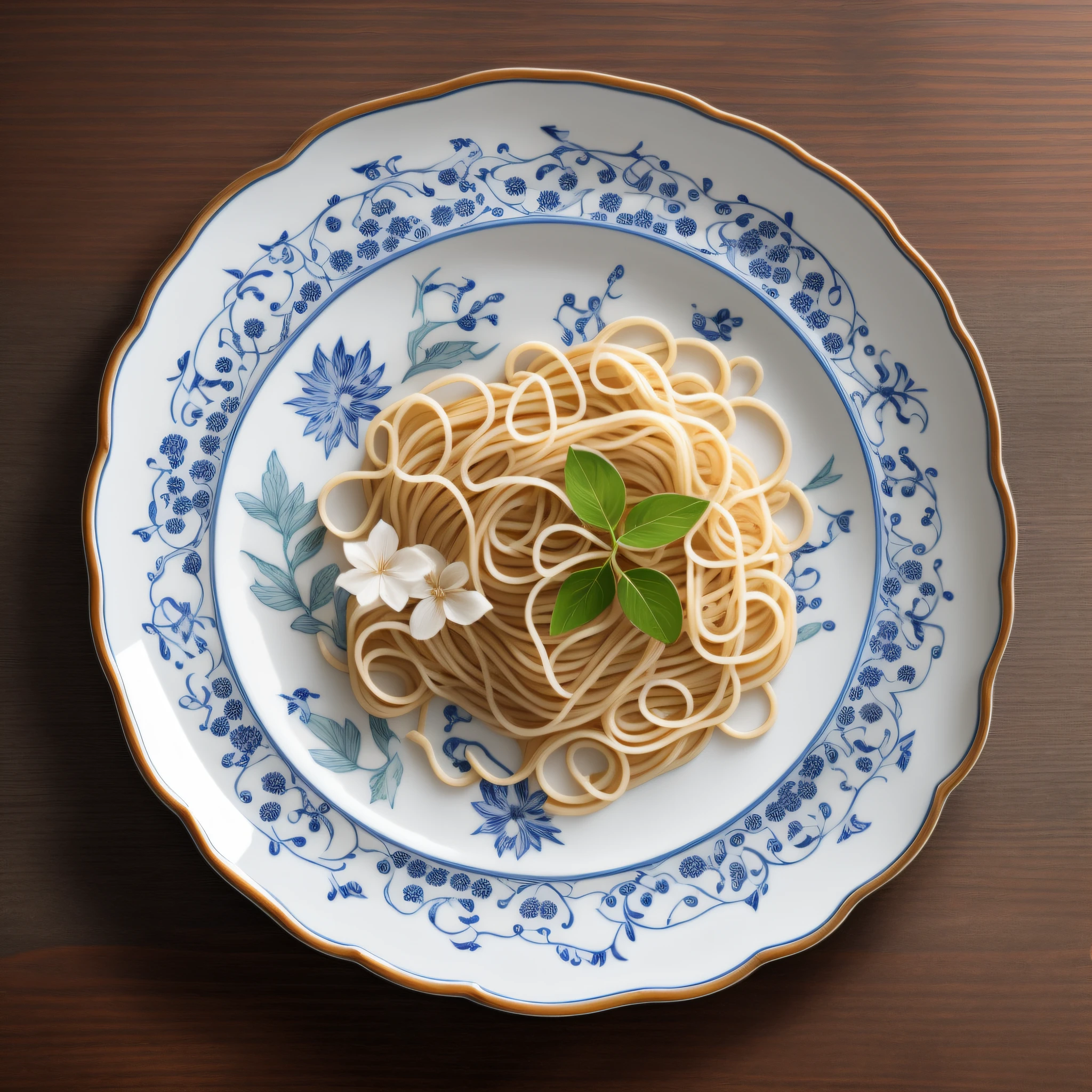 porcelain plate with details of flowers with noodles, on table, wooden table, tempered glass top,