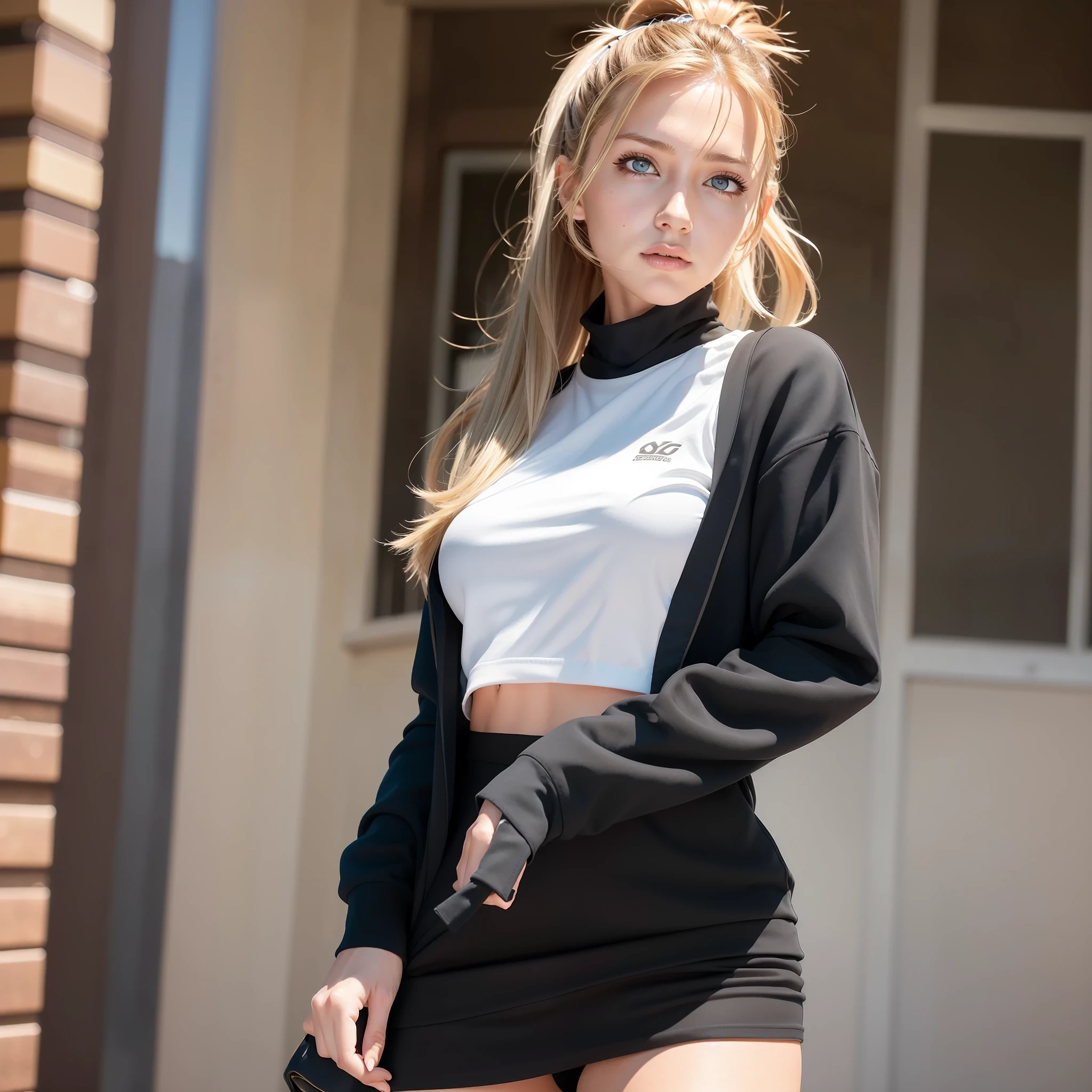 {{{Masterpiece}}},{Highly Detailed CG Unity 8k Wallpaper},Best Quality,Amazing,Fine Detail,Solo,Movie Lighting,Close Up,{{Floating Hair}},Outdoor,Detailed Background,Beautiful Detailed Eyes,Bright Pupils,Dynamic Pose,Dynamic Angles,Watch Audience,Detailed Clothing,{Best Quality}, {High Definition}, Original, Highly Detailed 8K Wallpaper, ray tracing,shy,looking at camera,{very delicate and beautiful},(character_focus), ray tracing
1 girl, long ponytail, blond hair, thin legs, open thighs, showing panties, upturned lips, biting lips, black and yellow jacket, gray pleated skirt, schoolgirl, double tail, military backpack, tactical accessories, uniform, battlefield, (masterpiece, 8K, top quality: 1.3), one woman, Beautiful woman with toned abs: 1.3, (random hairstyle: 1.2), Casual wear: 1.2, indoors, ultra-detailed face, detailed eyes, double eyelids"