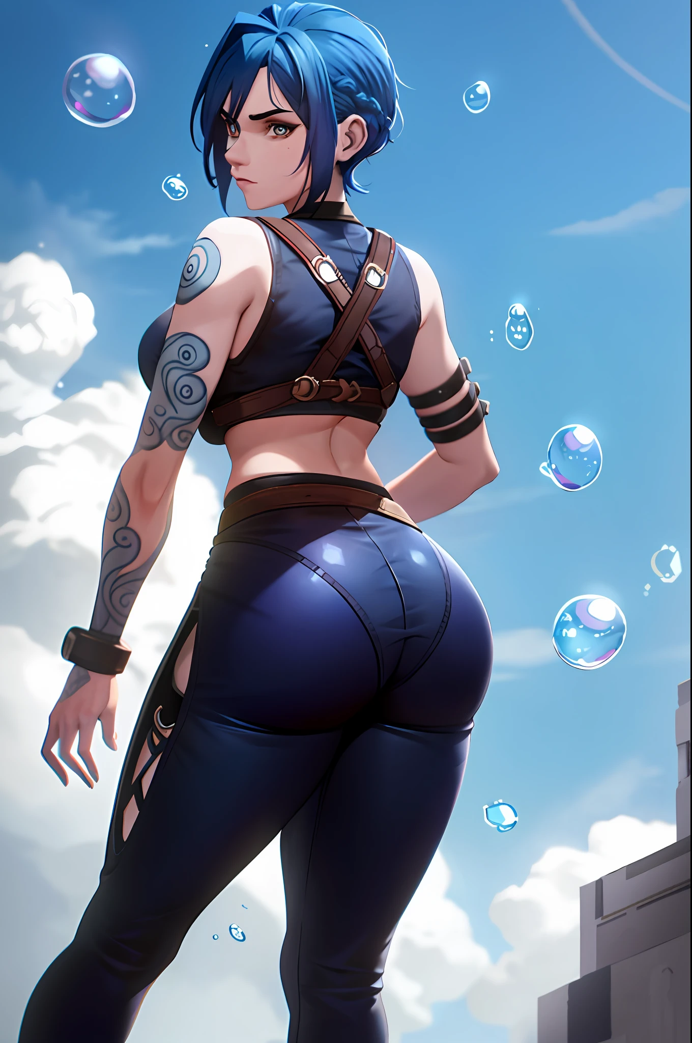 arcane style,

1girl, arm tattoo, asymmetrical bangs, bangs, blue hair, braid, brown shirt, cloud tattoo, back to viewer, bubble butt, thicc ass, slim waist