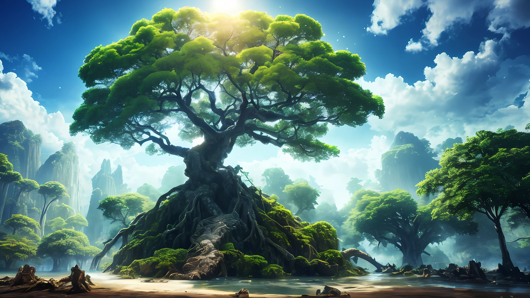 Masterpiece, best quality, high quality, highly detailed CG unity 8k wallpaper, surreal giant cyan rain tree in a futuristic prehistoric village, splashing water, sandy debris, lens flare, sun axis, fluffy clouds, ultra detailed, HDR, bloom, photorealistic, ultra detailed