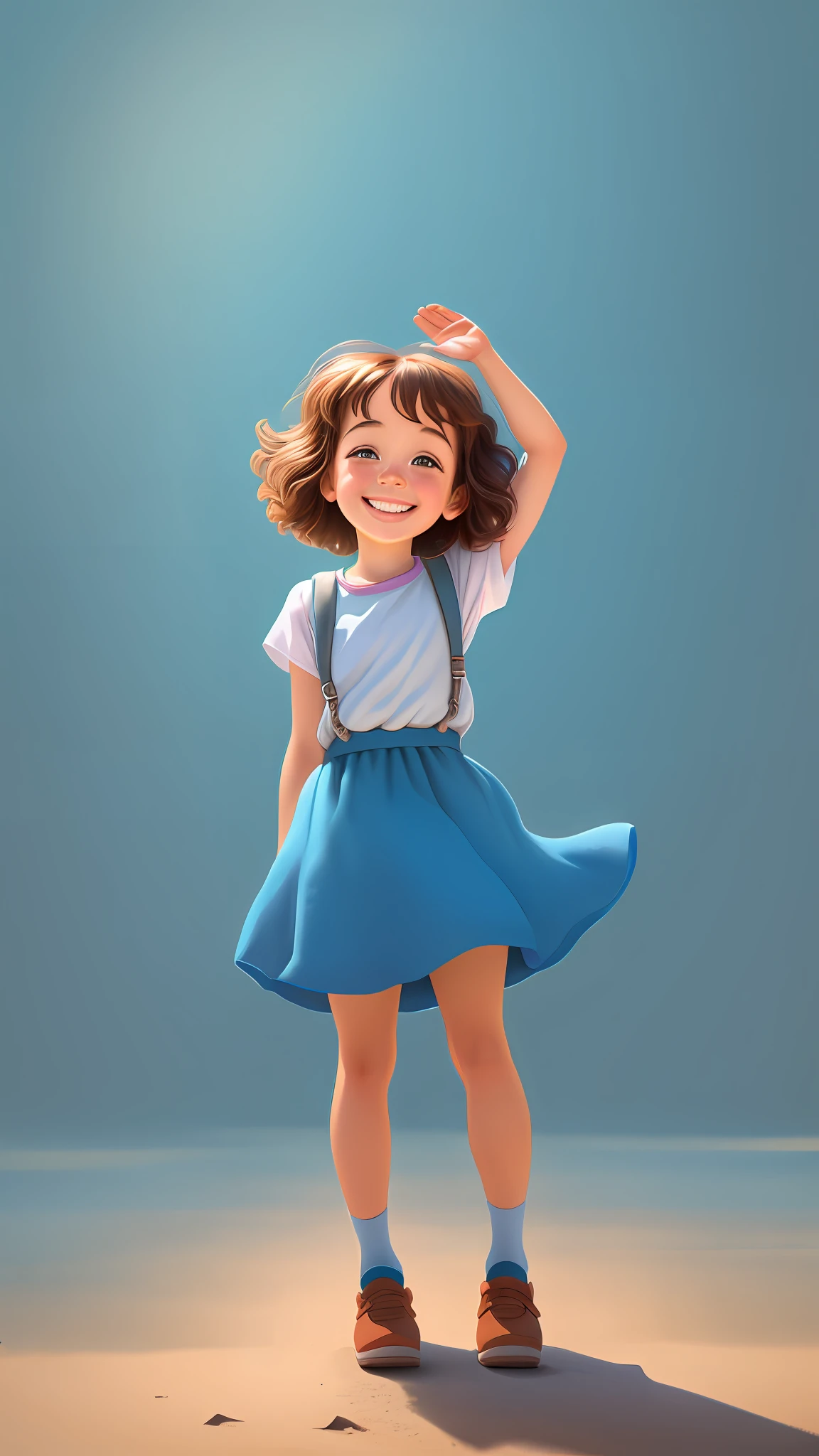 (pixar style 1.25) portrait of a happy little girl waving goodbye to her parents.