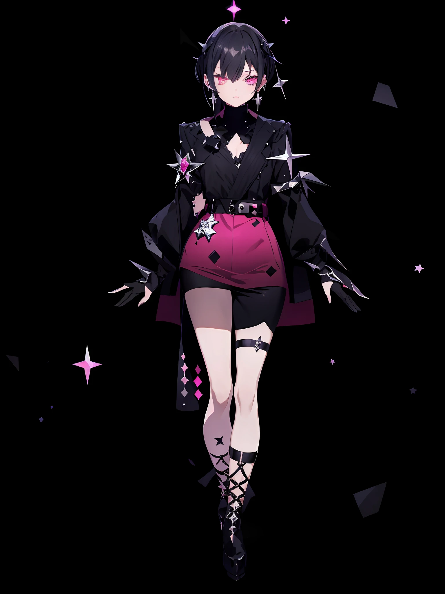 H bronya, 2girl, solo, accessories, black hair, bangs, pink eyes, grim expression, silver star-shaped earrings, irregular cut, black paneled skirt, embellished black crystal, silver shimmering star chips, skirt tail mopping, gothic, silver lace-up heels, gothic style