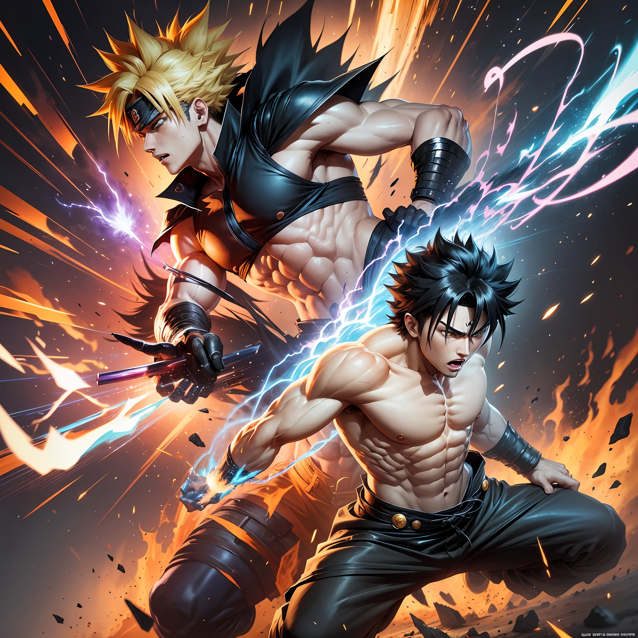 "An epic fusion of Naruto Uzumaki and Son Goku, featuring a powerful dynamic pose, intense lighting and shadow, and an impressive combat scene. With a mix of Naruto's signature blond hair and Son Goku's spiky black hair, the hero stands tall in a vibrant and dramatic anime-style setting, emphasizing speed, power, and the skill of both fighter's combined. Explosions, lightning, and a sense of high-energy action fill the background, while bold, dramatic coloring and highly-detailed character designs make this image a masterpiece of anime art. (ULTRA DETAILED CG UNITY 8K WALLPAPER, BEST QUALITY, MASTERPIECE)" --auto --s2