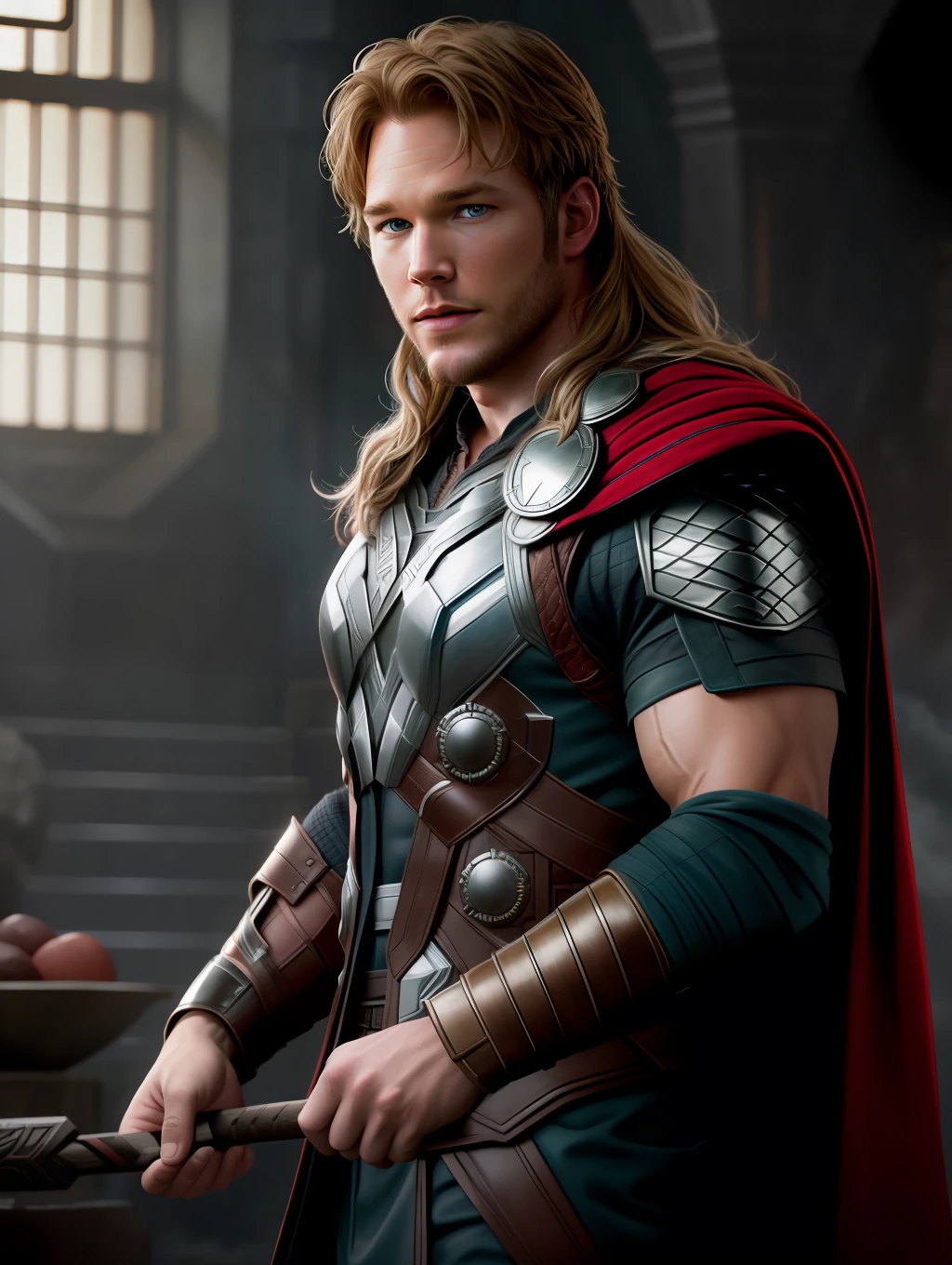 Cinematic soft lighting illuminates a stunningly detailed and ultra-realistic Chris Pratt as Thor God of Thunder from Thor movies, that is trending on ArtStation. Octane is the perfect tool to capture the softest details of this 16k photography masterpiece