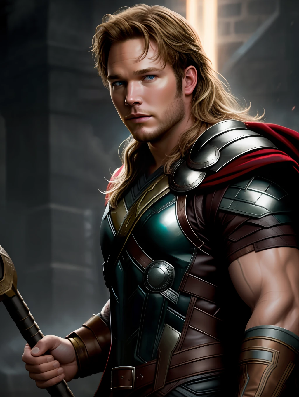Cinematic soft lighting illuminates a stunningly detailed and ultra-realistic Chris Pratt as Thor God of Thunder from Thor movies, that is trending on ArtStation. Octane is the perfect tool to capture the softest details of this 16k photography masterpiece