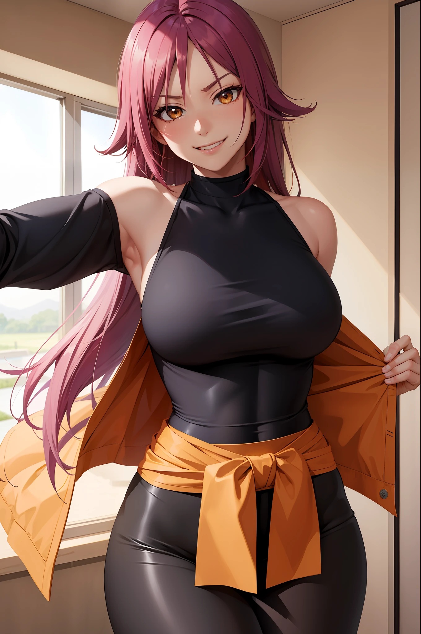 (masterpiece, best quality:1.2), cowboy shot, solo, 1girl, shihouin yoruichi, smirk, shirt, long sleeves, black leggings, ass, wide hips, erotica