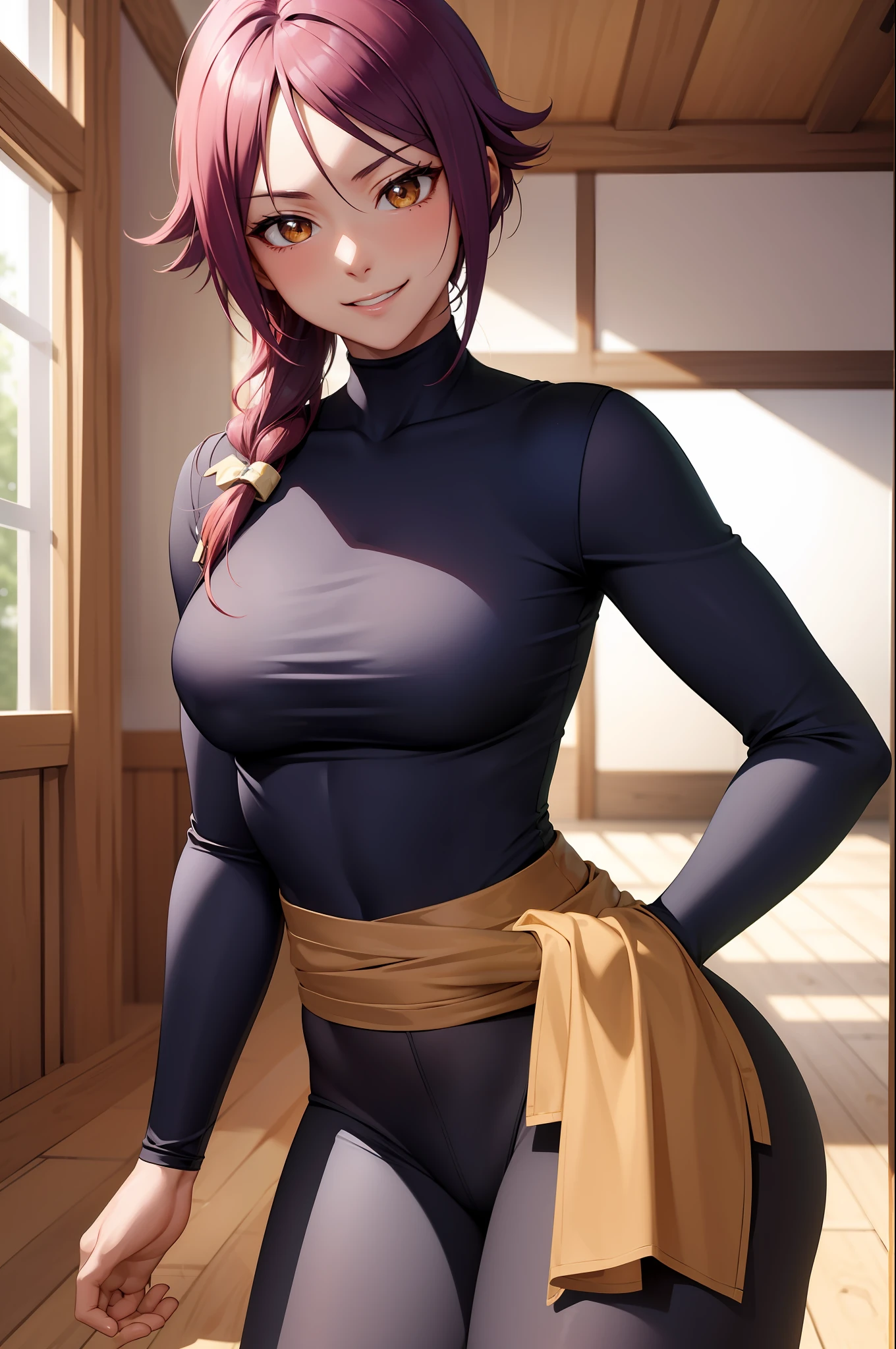 (masterpiece, best quality:1.2), cowboy shot, solo, 1girl, shihouin yoruichi, smirk, shirt, long sleeves, black leggings, ass, wide hips, erotica