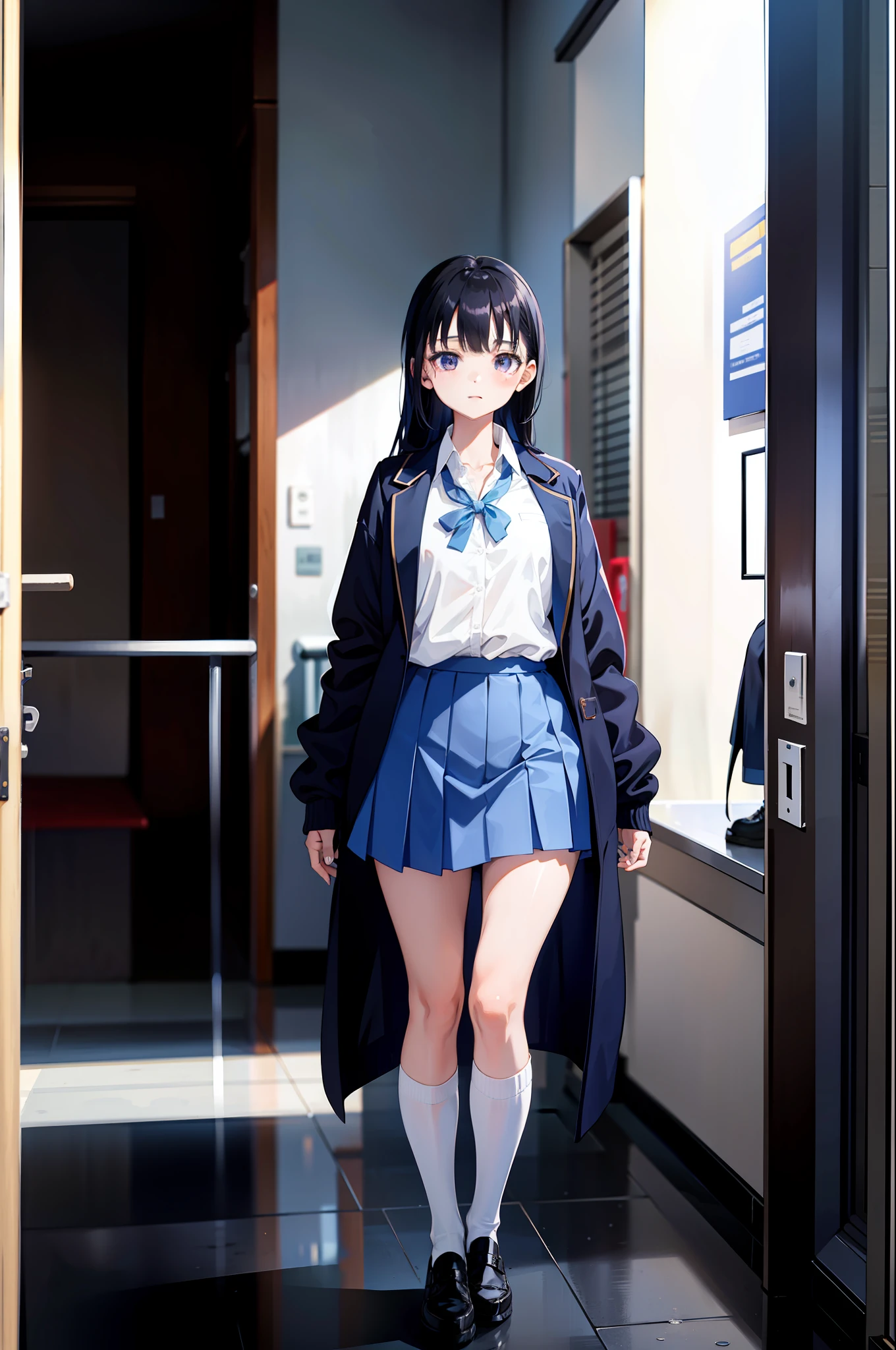 1girl, Yamada Anna, blue jacket, white collared shirt, partially unbuttoned, black pleated skirt, school uniform, open clothes, long sleeves, black lagwear, kneehighs, white footwear, uwabaki, (masterpiece:1.2), highres, best quality, 8k, very clear,