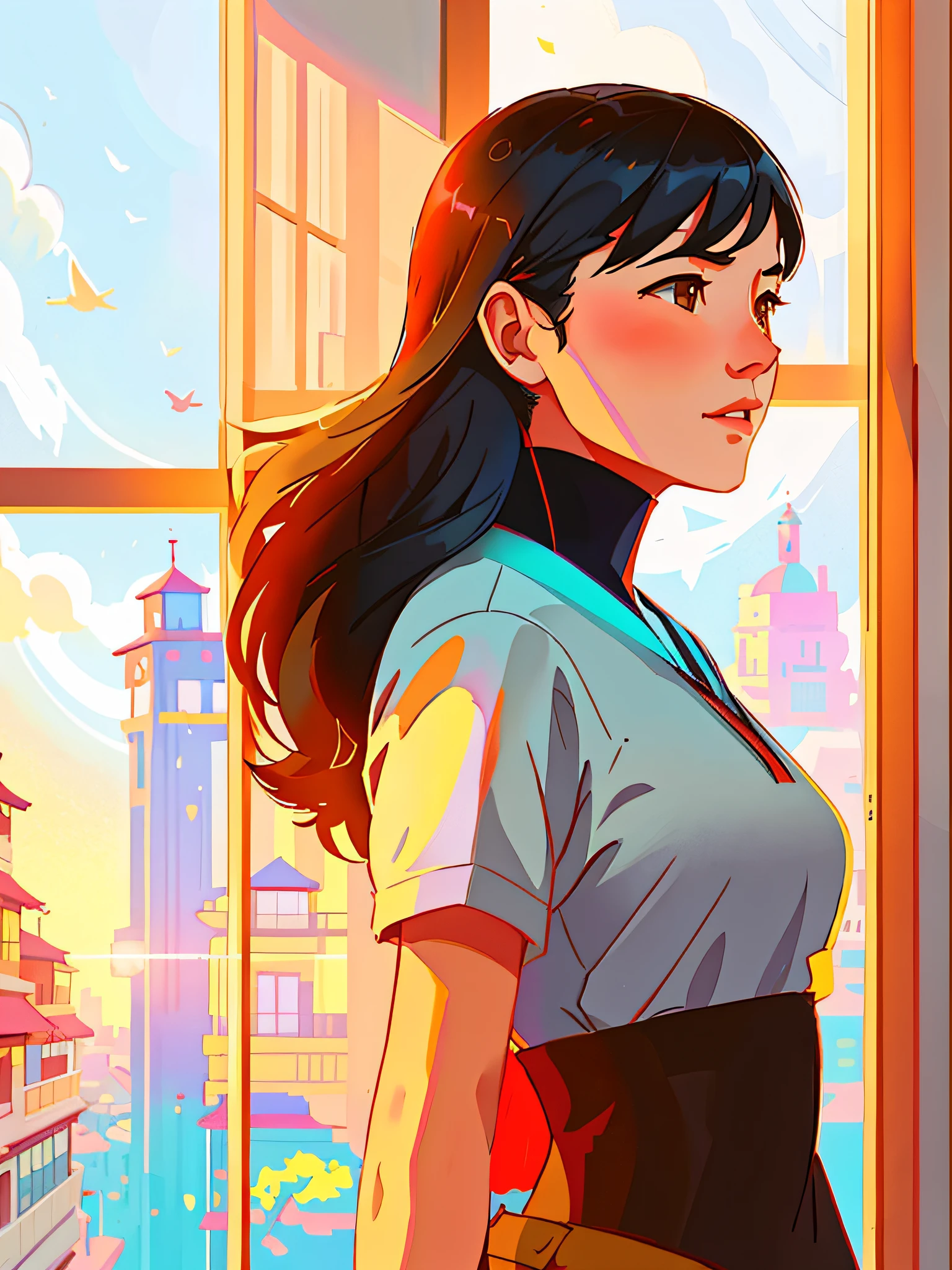 a woman with long hair standing in front of a window, in style of atey ghailan, artgerm and atey ghailan, style of alena aenami, low detailed. digital painting, atey ghailan 8 k, art of alena aenami, beautiful digital illustration, stunning digital illustration, lofi portrait at a window