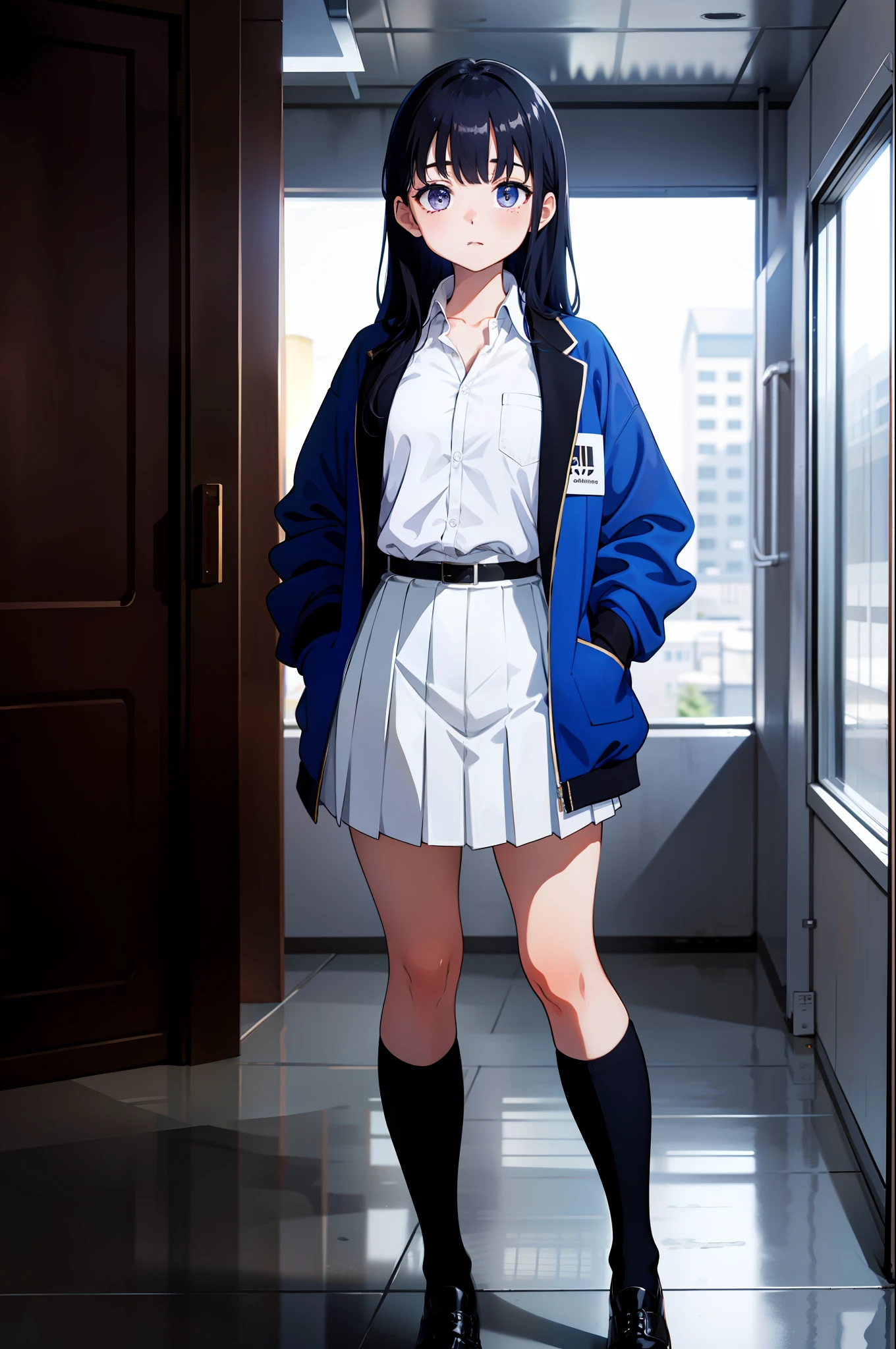 1girl, Yamada Anna, blue jacket, white collared shirt, partially unbuttoned, black pleated skirt, school uniform, open clothes, long sleeves, black lagwear, kneehighs, white footwear, uwabaki, (masterpiece:1.2), highres, best quality, 8k, very clear,