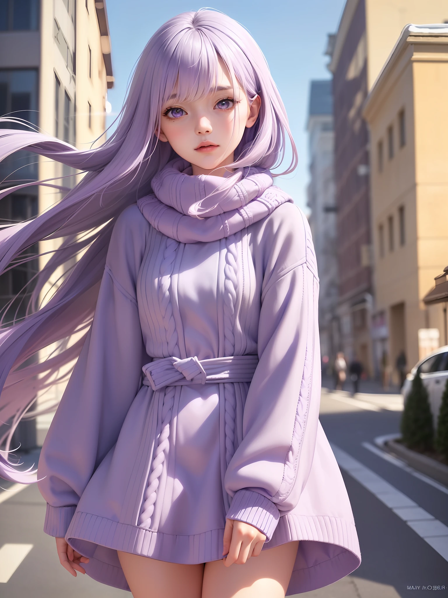 (masterpiece:1.1), (detailed:1.1), (realistic:0.8), 1girl, (pale purple hair:1.2) + (long hair:1.1), medium breasts, (sweater dress:1.1) + (wind coat:1.1), scarf, hair decoration, street, sky, snows