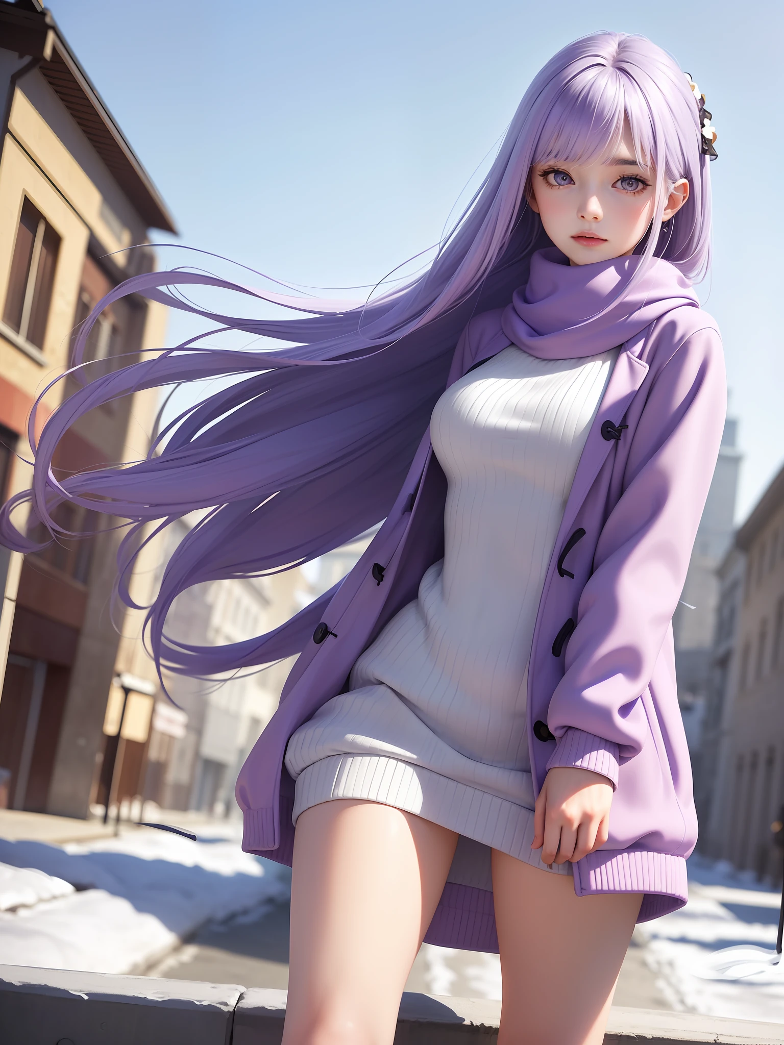 (masterpiece:1.1), (detailed:1.1), (realistic:0.8), 1girl, (pale purple hair:1.2) + (long hair:1.1), medium breasts, (sweater dress:1.1) + (wind coat:1.1), scarf, hair decoration, street, sky, snows