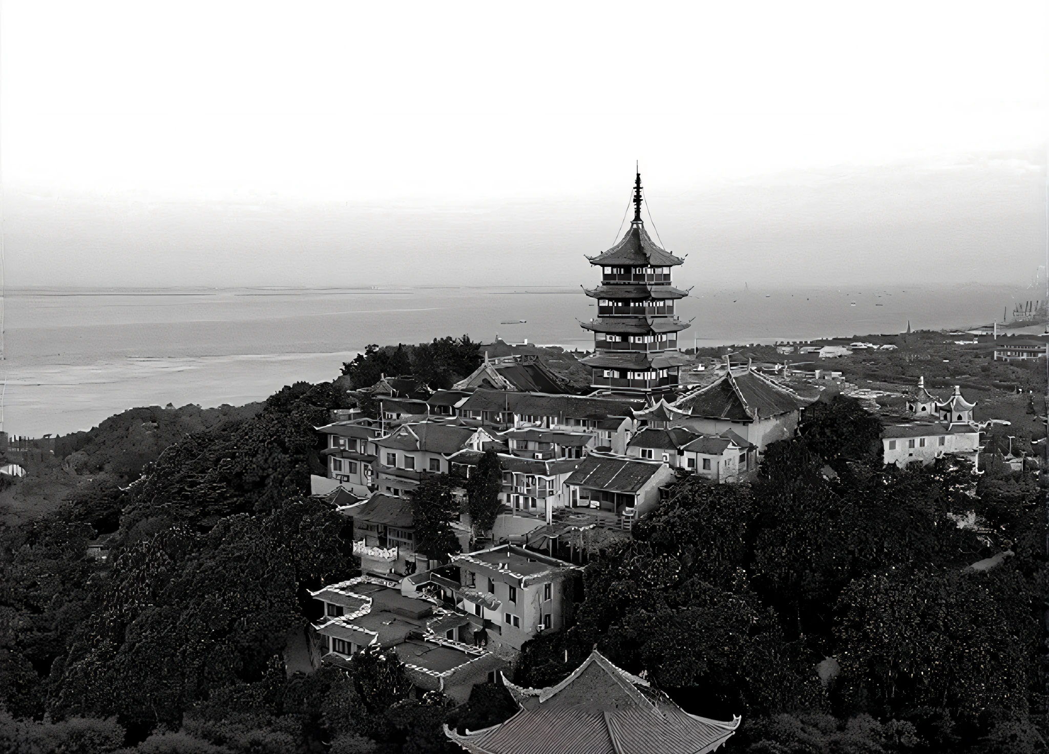 arafed view of a pagoda tower on a hill overlooking a city, palace on top of the hill, pagodas on hills, an ancient, ancien chinese tower, cyberpunk chinese ancient castle, guangjian, pagoda, ancient chinese architecture, nanquan, temple in the distance, xianxia, inspired by Wang Yi, ruanjia, full - view