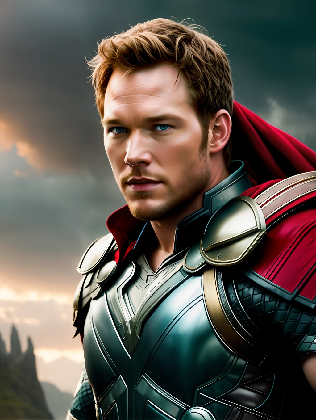 Cinematic soft lighting illuminates a stunningly detailed and ultra-realistic Chris Pratt as Thor God of Thunder from Thor movies, that is trending on ArtStation. Octane is the perfect tool to capture the softest details of this 16k photography masterpiece