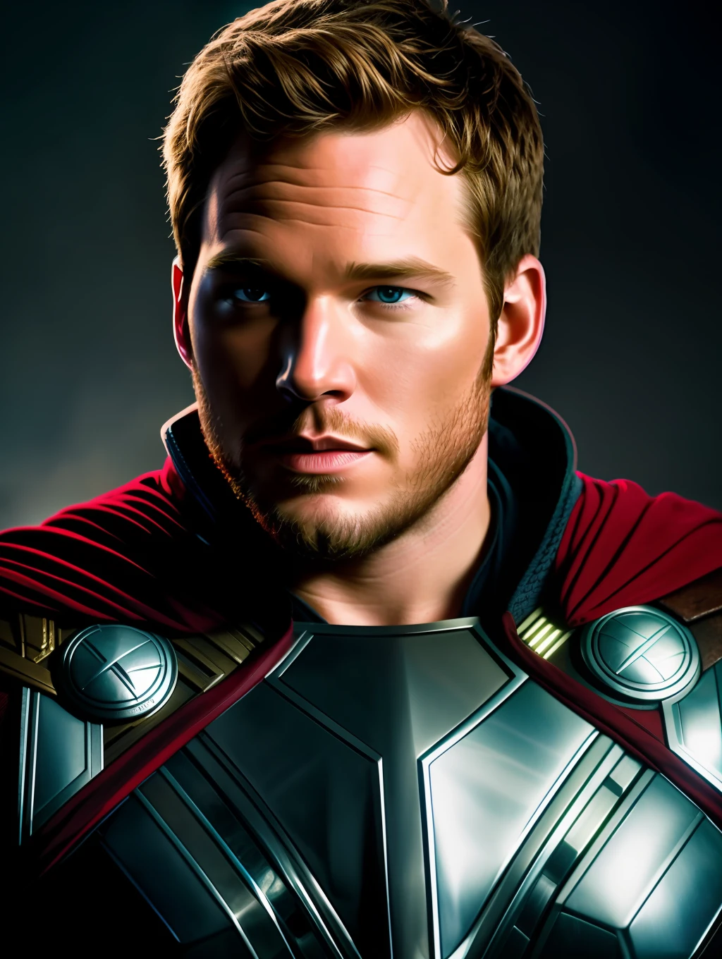 Cinematic soft lighting illuminates a stunningly detailed and ultra-realistic Chris Pratt as Thor God of Thunder from Thor movies, that is trending on ArtStation. Octane is the perfect tool to capture the softest details of this 16k photography masterpiece