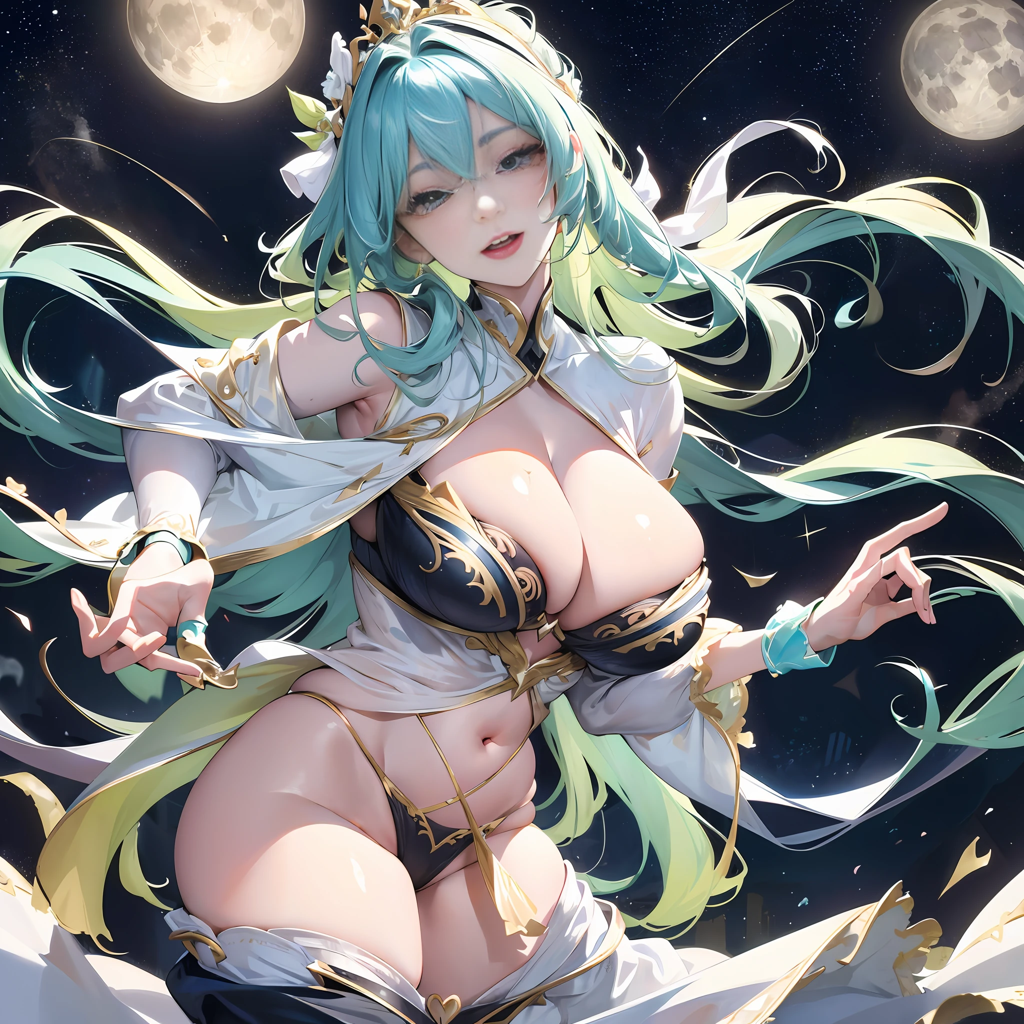 Official art, masterpiece, sharp focus, (beautiful gorgeous and cute AV actress: 1.3), (beautiful and cute AV actress: 1.3), a woman with light cyan hair, wearing bikinis, thongs and jumpsuits, many beautiful tattoos on the upper body, huge breasts, plump buttocks, slender and delicate waist with beautiful hair reaching the ground, hands spread, the whole person floats in the air, looking down, exuding light. Beautiful eyes and face, realistic, super detailed, beautiful girl, av actress sexy shape, fine light rain, wet clothes, glowing white particles, (sidelighting: 1.2), night starry sky, detailed starry sky and moon, slender, cute big breasts and giant buttocks, smile without showing teeth ((laughing with eyes open)), scenery, worship seductive pose long straight hair, sexy facial expression, gorgeous auditorium in the background, damp clothes clinging to the curves of the body, (cityscape: 1.7 ), Dynamic hair, Long straight hair, Delicate colored hair, Glowing heterochromic pupils, Black stockings, Pale skin, Hair accessories, epic landscapes, collars and hair accessories, hair is particularly long