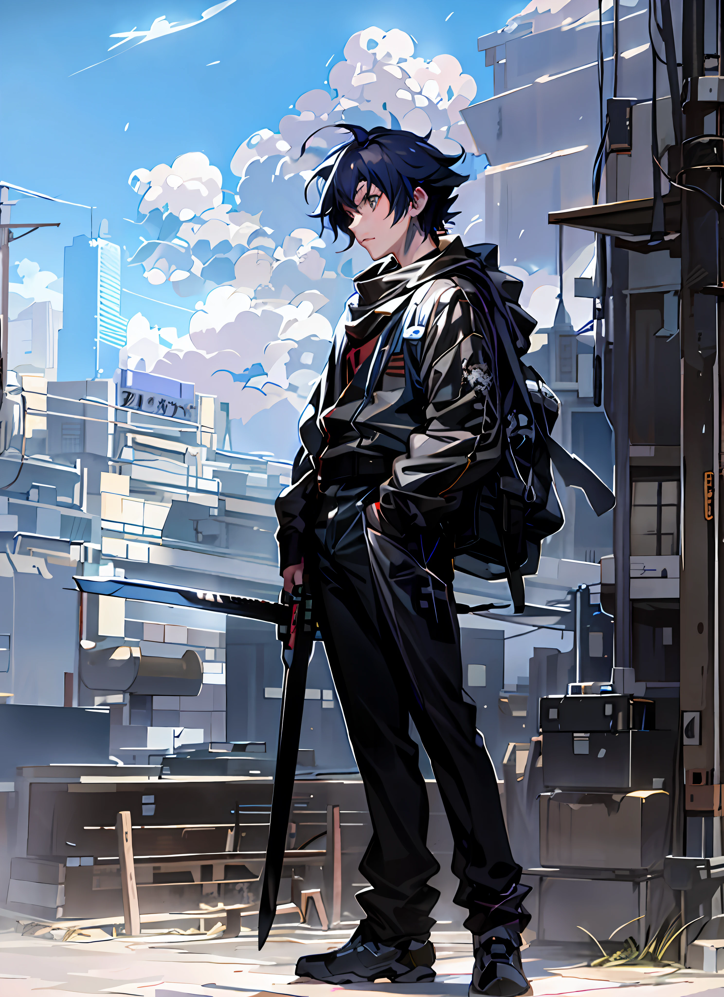 anime character standing on a city street with a backpack and a sword, badass anime 8 k, artwork in the style of guweiz, anime concept hdr anime macmanus, digital cyberpunk anime art, post apocalyptic. makoto shinkai, makoto shinkai. digital render, makoto shinkai style, tsutomu nihei style, modern cyberpunk anime