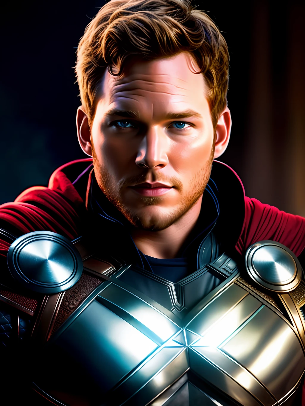 Cinematic soft lighting illuminates a stunningly detailed and ultra-realistic Chris Pratt as Thor God of Thunder from Thor movies, that is trending on ArtStation. Octane is the perfect tool to capture the softest details of this 16k photography masterpiece