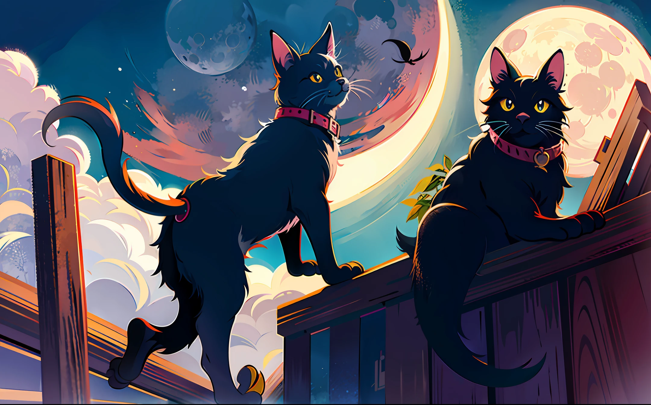 Black cat looking at the moon