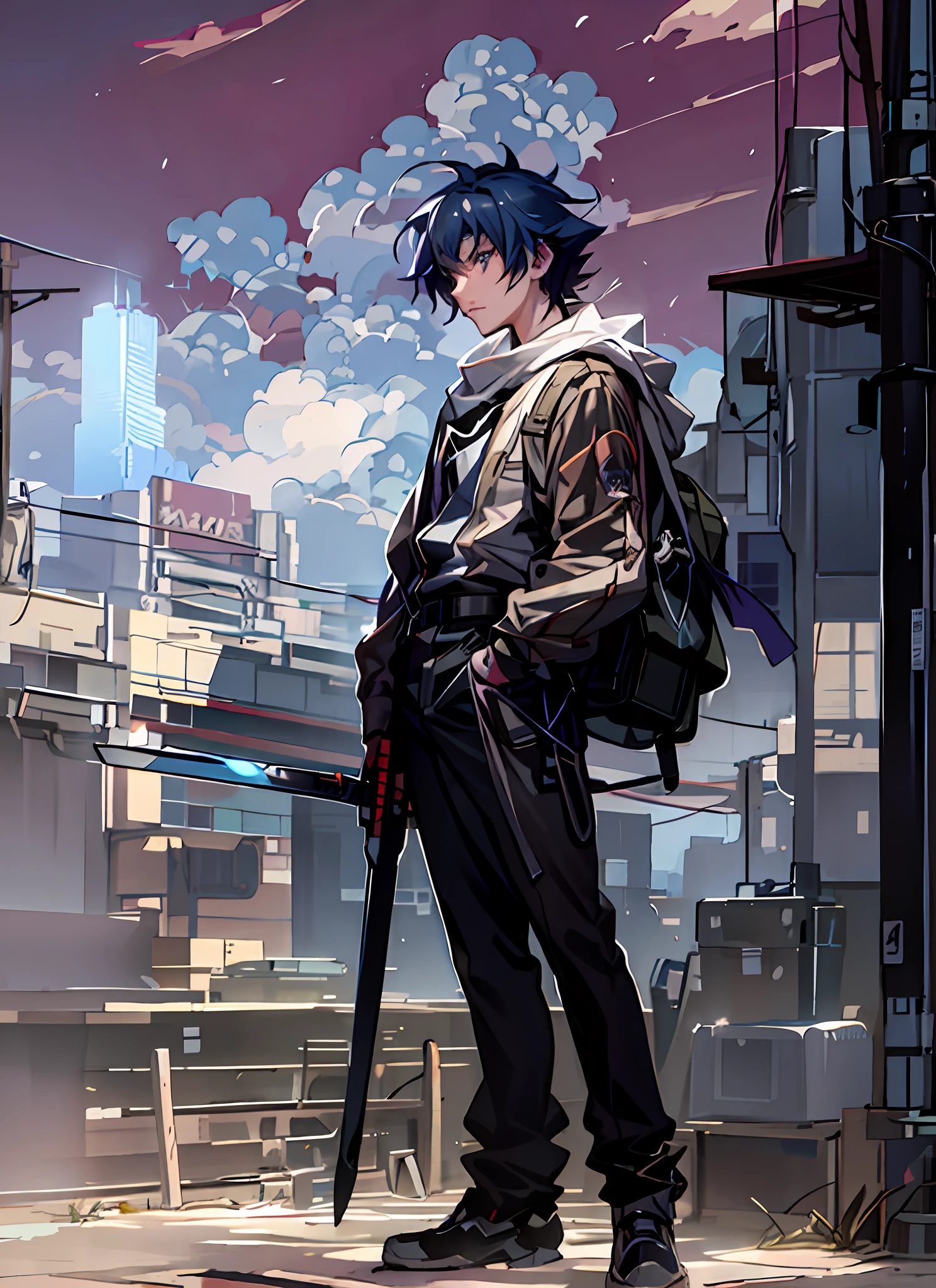 anime character standing on a city street with a backpack and a sword, badass anime 8 k, artwork in the style of guweiz, anime concept hdr anime macmanus, digital cyberpunk anime art, post apocalyptic. makoto shinkai, makoto shinkai. digital render, makoto shinkai style, tsutomu nihei style, modern cyberpunk anime