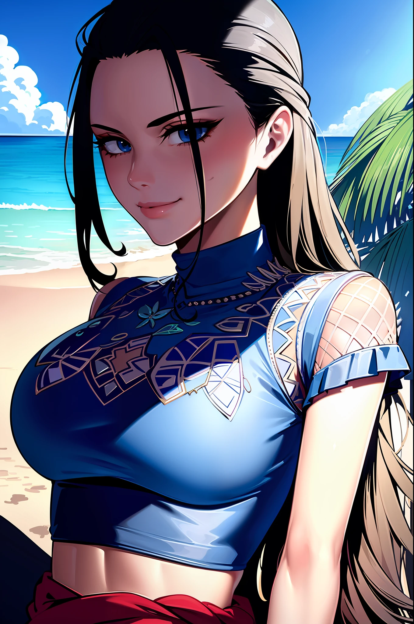 ultra realistic 8k cg, masterpiece, ((ultra detailed background, delicate pattern, intricate detail)), (highly detailed, fine details), best quality, 1girl, (photorealistic:1.4),beautiful lighting,  absurdres, RAW photo, film grain, ((medium breasts, slim girl)), NicoRobinV2, 1girl, black hair, long hair, solo, medium breasts, (smile), sunglasses, blue eyes, eyewear on head, cleavage, closed mouth, hair slicked back, jewelry, collarbone, (swimsuit, crop top, cloth around waist), (complex detailed background, outside, nature environment, ocean, beach, sunny),