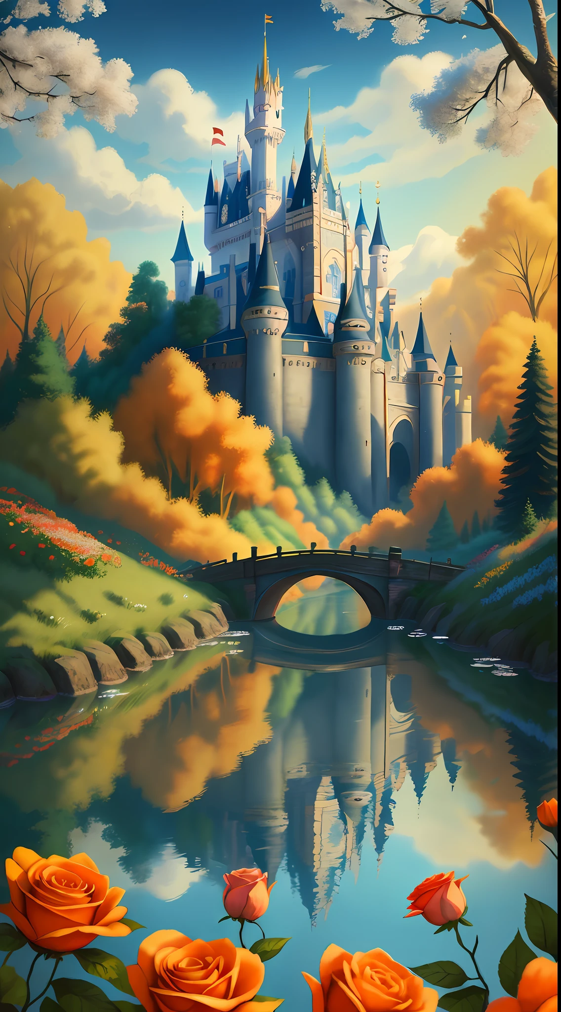 a middle-aged Disney Princess Snow White wearing a crown in the woods with many cute animals near her, dancing first-person view. Many flowers of various colors. A sunny day. with a river and a fairytale castle in the background. Walt Disney cartoon style masterpiece, multiple angles looking to the camera, big orange and red roses, 3, smelling, light smile, satellite image, close-up, dutch angle
