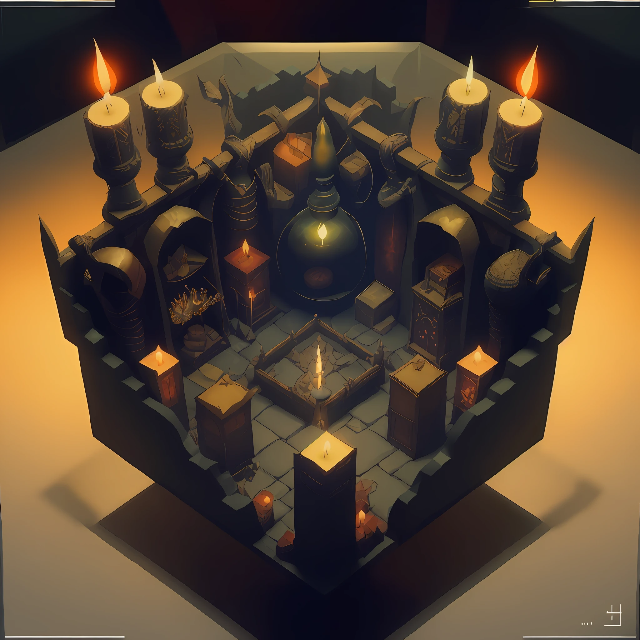 there is a picture of a castle with candles and a clock, sacrificial altar, isometric art, game asset occult, isometric voxel art, isometric game art, polycount contest winner, high quality voxel art, daily render, room full of candles, mythical cosmic shrine, stylized 3d render, holy fire spell art, isometric 3d fantasy