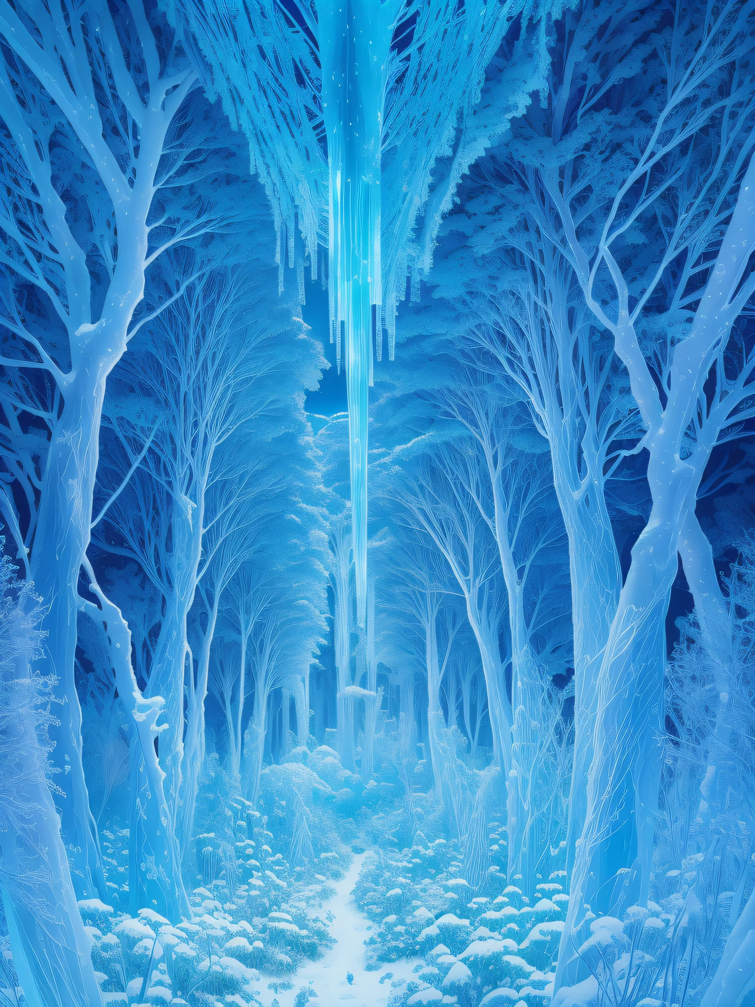 A surreal world of glass and ice. its grass and trees are made of ice. Fantastic glass ice forest. An elven forest of snow and ice with fractal spiral plants. Its leaves are translucent ice, its grass is made of frost and ice. This is a world with strange vegetation, which is not planet Earth. Its sky is white, its plants are blue in all shades of blue. They look frozen and translucent. They are made of ice and snow. These are grass in the form of tangled cobwebs and trees in the form of stone slabs stacked on top of each other. They are shrubs that look like small swords tied together. The landscape is full of these white, blue and translucent plants. There are blue shadows and a white sky with snow-covered clouds. There is a lot of snow dust flying in the air. A cold frozen world of all shades of blue and blue. brilliance. A lot of grass made of glass. general tone white and blue-blue, look from below, (only blue and white shades)