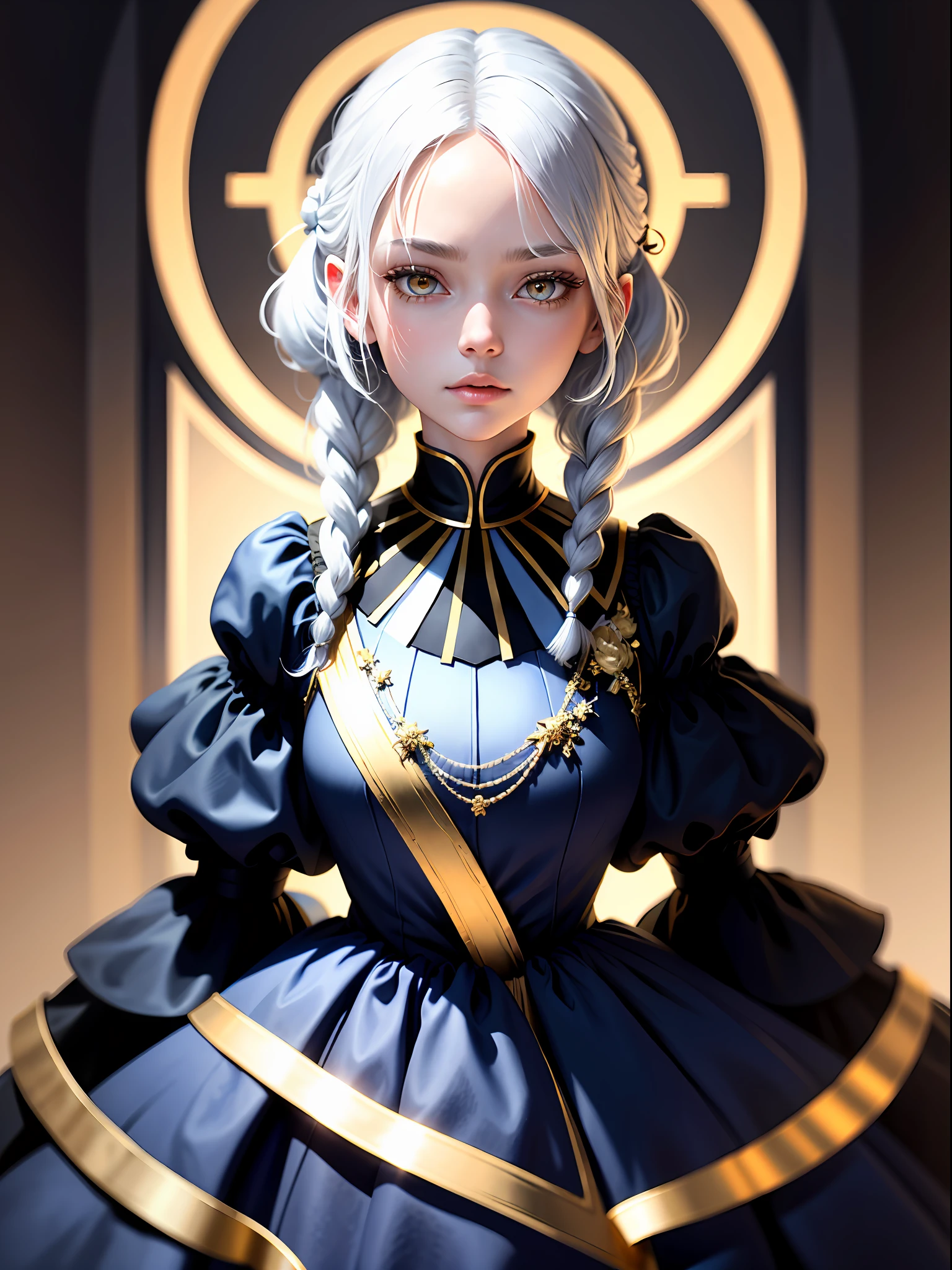 best quality, masterpiece, white hair, gold eyes, dark blue dress, looking up, upper body, hair strand, Fair skin, side braids