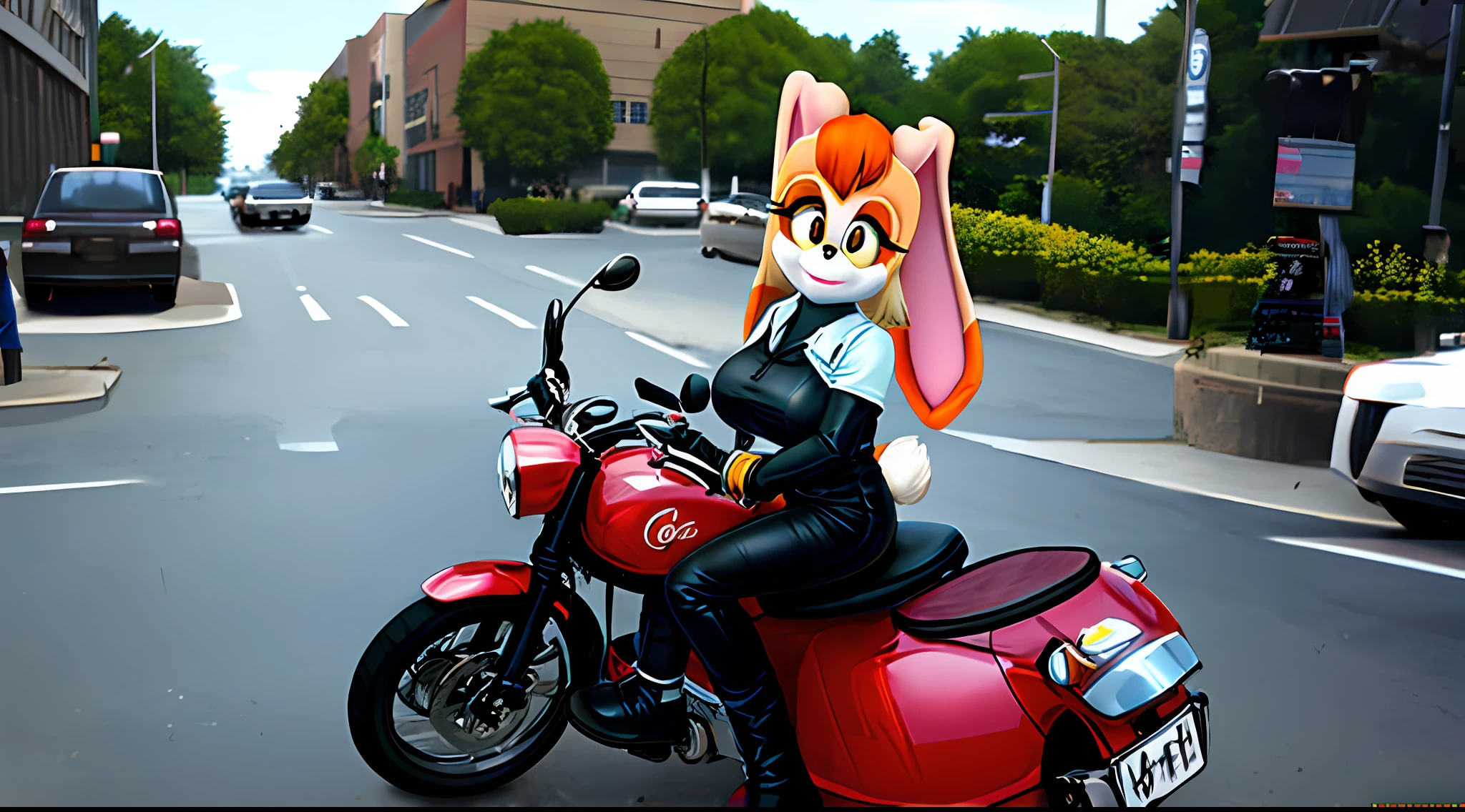 "Vanilla the Rabbit" wearing black motorcycle leathers riding a motorbike, large breasts, photorealistic, real world, extreme detail, tight clothing, artist:kadath