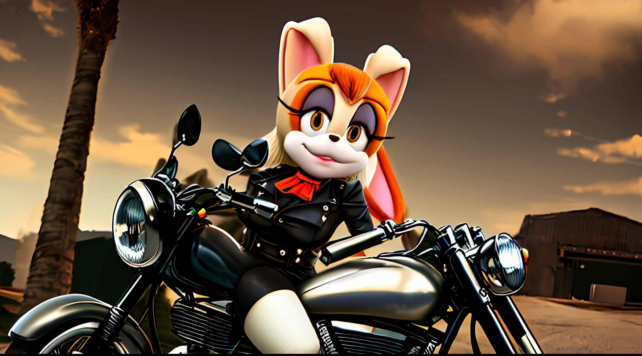 "Vanilla the Rabbit" wearing black motorcycle leathers riding a motorbike, large breasts, photorealistic, real world, extreme detail, tight clothing, artist:kadath