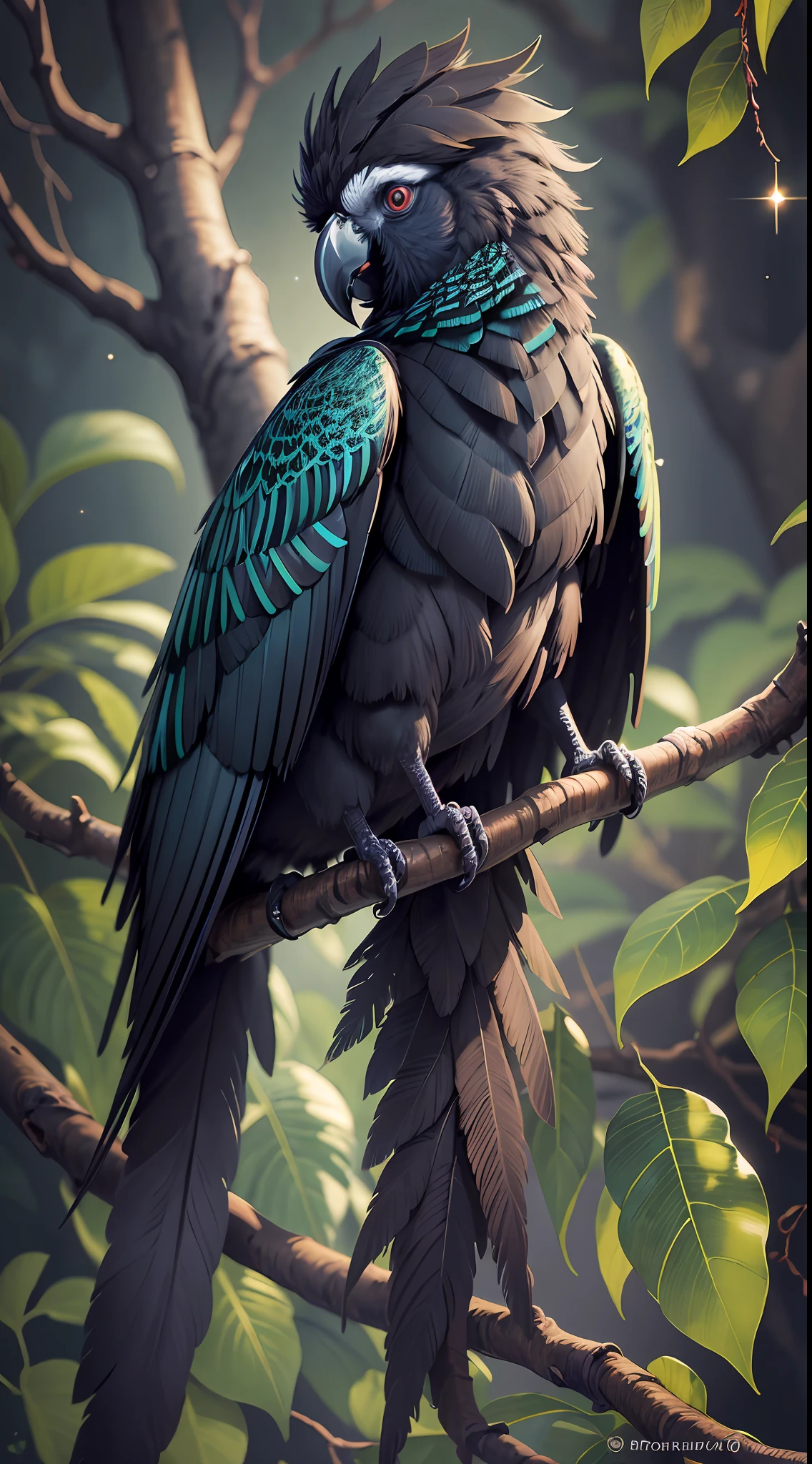 In the profound darkness of the nocturnal forest, a branch of a tree stands out with its dark hues and graceful texture. Perched on this branch is a proud parrot, adorned with its gleaming feathers and intricate details. The lustrous fruits of the cocoa tree enchant the sight, dangling alluringly and sparkling with their genuine brilliance. --auto --s2