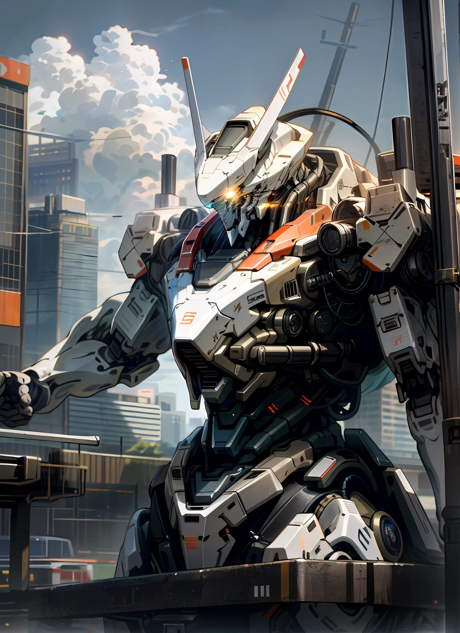 sky, cloud, holding_weapon, no_humans, glowing, , robot, building, glowing_eyes, mecha, science_fiction, city, realistic,mecha