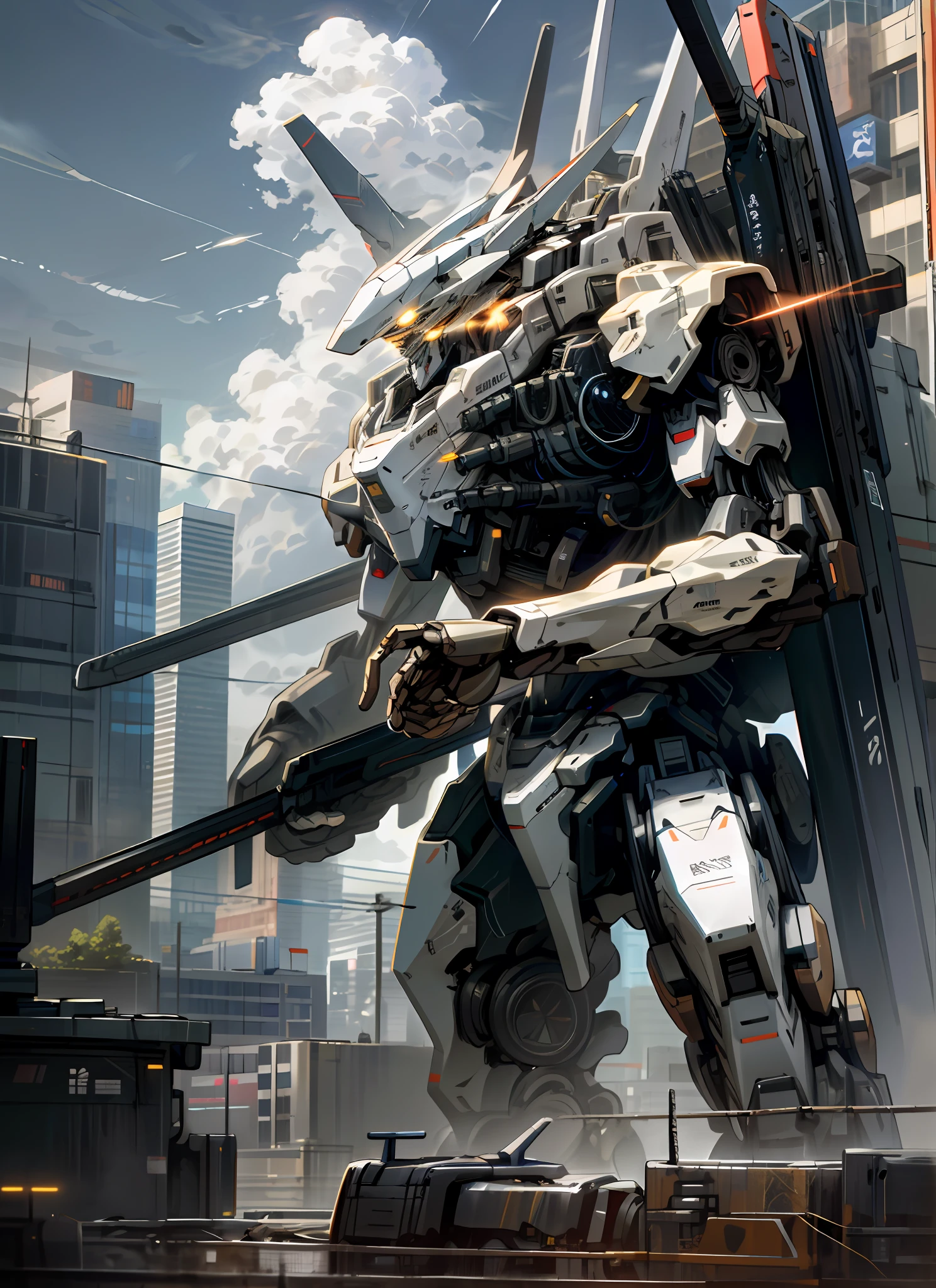 sky, cloud, holding_weapon, no_humans, glowing, , robot, building, glowing_eyes, mecha, science_fiction, city, realistic,mecha