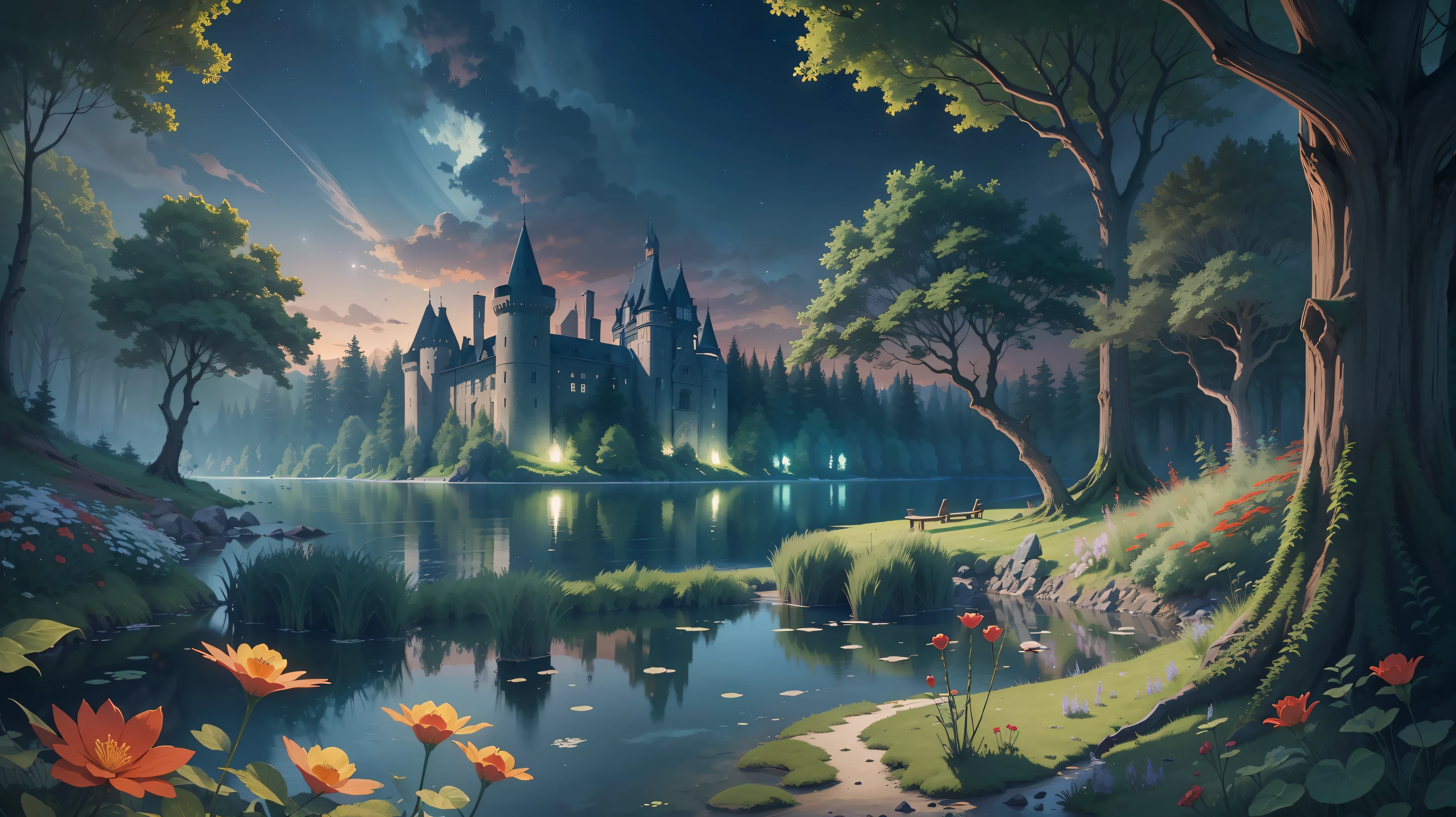 A quiet lake deep in the forest. An ancient castle built on the shore of the lake. Dense trees. Stars shining in the night sky. Dark green. Brightly shining blue and red flowers around the lake. Beautiful fine detail. 4k. exquisite illustration. --auto --s2